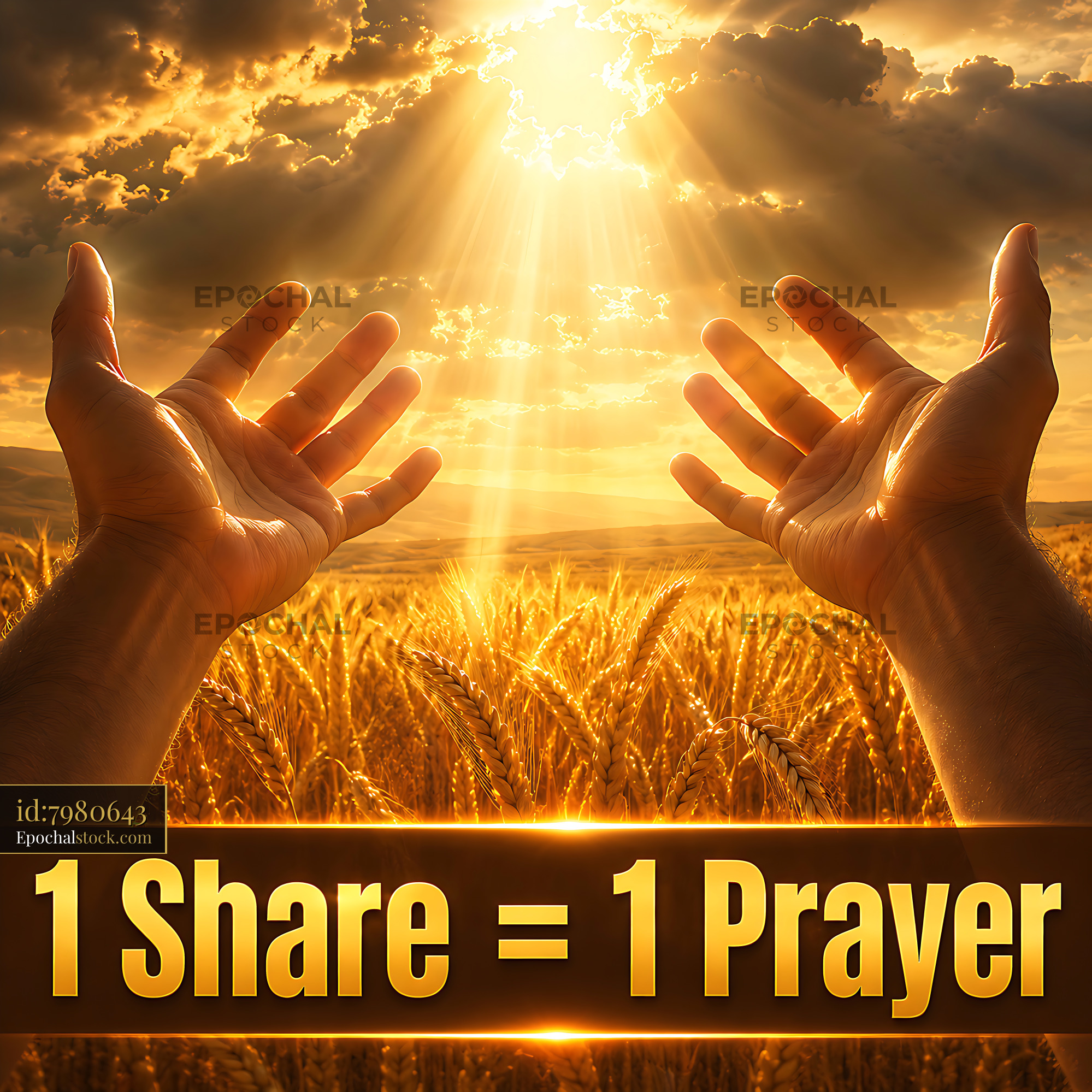 Hands Reaching Towards Sunlight in a Wheat Field at Sunset - stock photo
