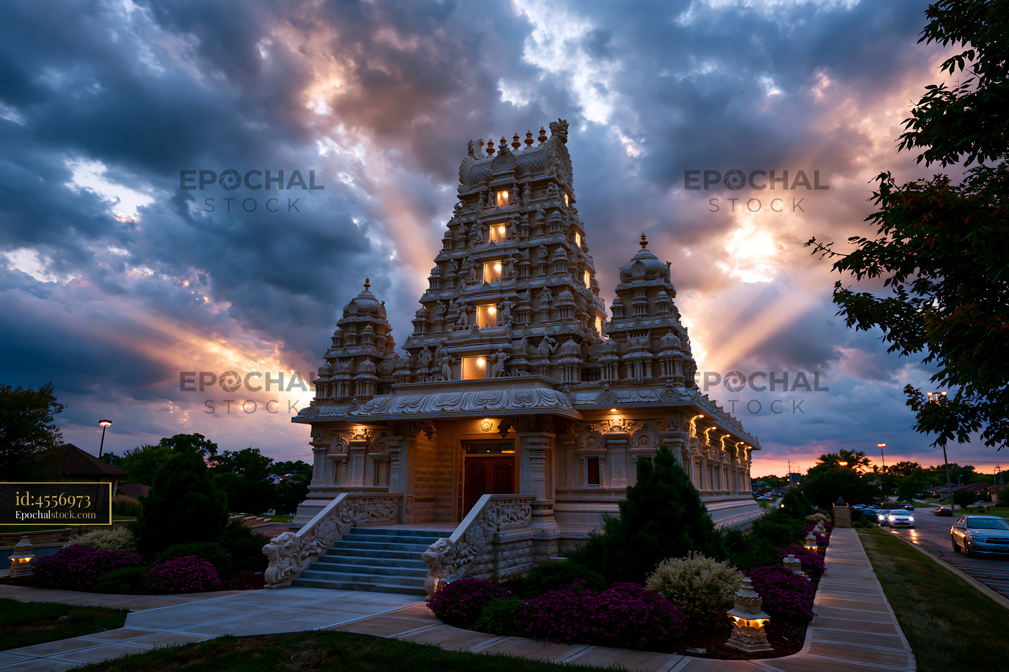 Watermarked full-resolution preview of Sunset view of a Hindu temple with clouds in the evening sky