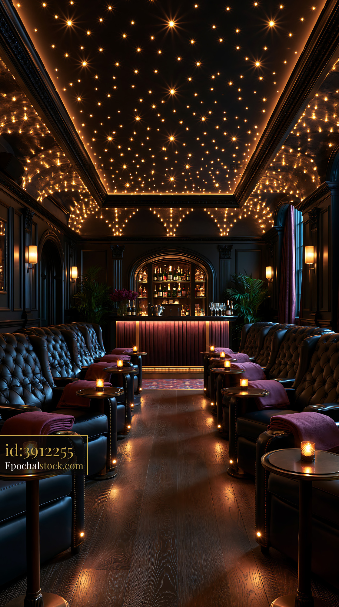 Watermarked full-resolution preview of Cozy lounge with dim lighting and starry ceiling at night