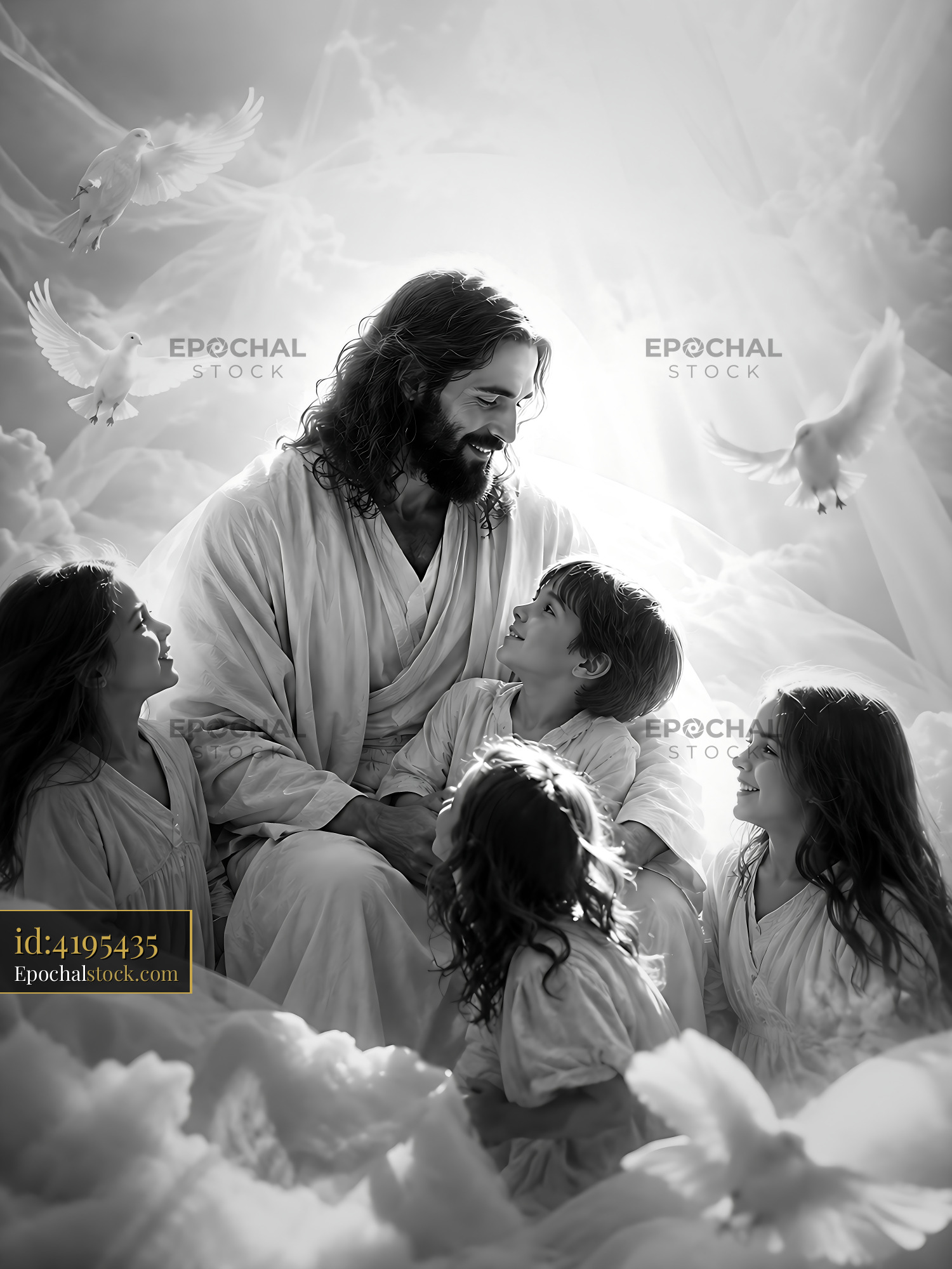Watermarked full-resolution preview of Jesus surrounded by children with doves in heavenly setting