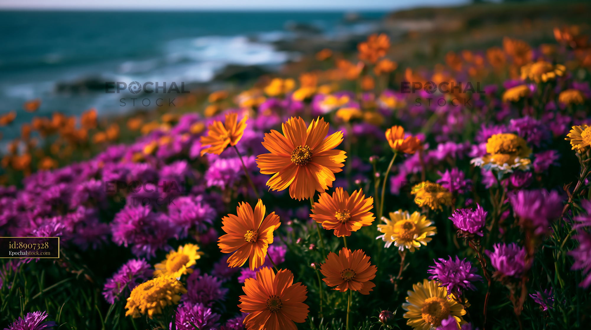 Watermarked full-resolution preview of Colorful flowers by the ocean at sunset