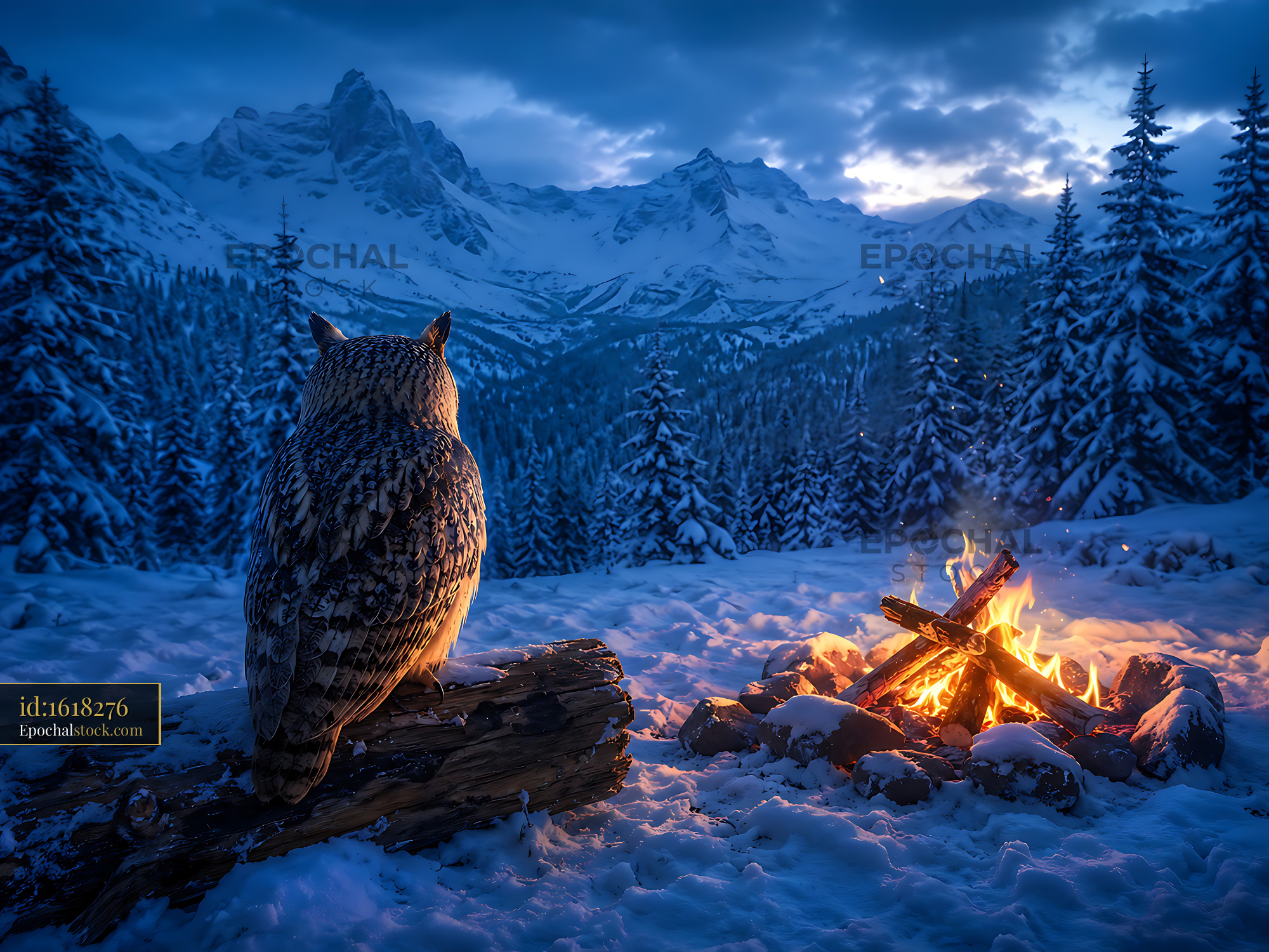 Owl Watches Over a Snowy Forest With a Campfire at Dusk - stock photo