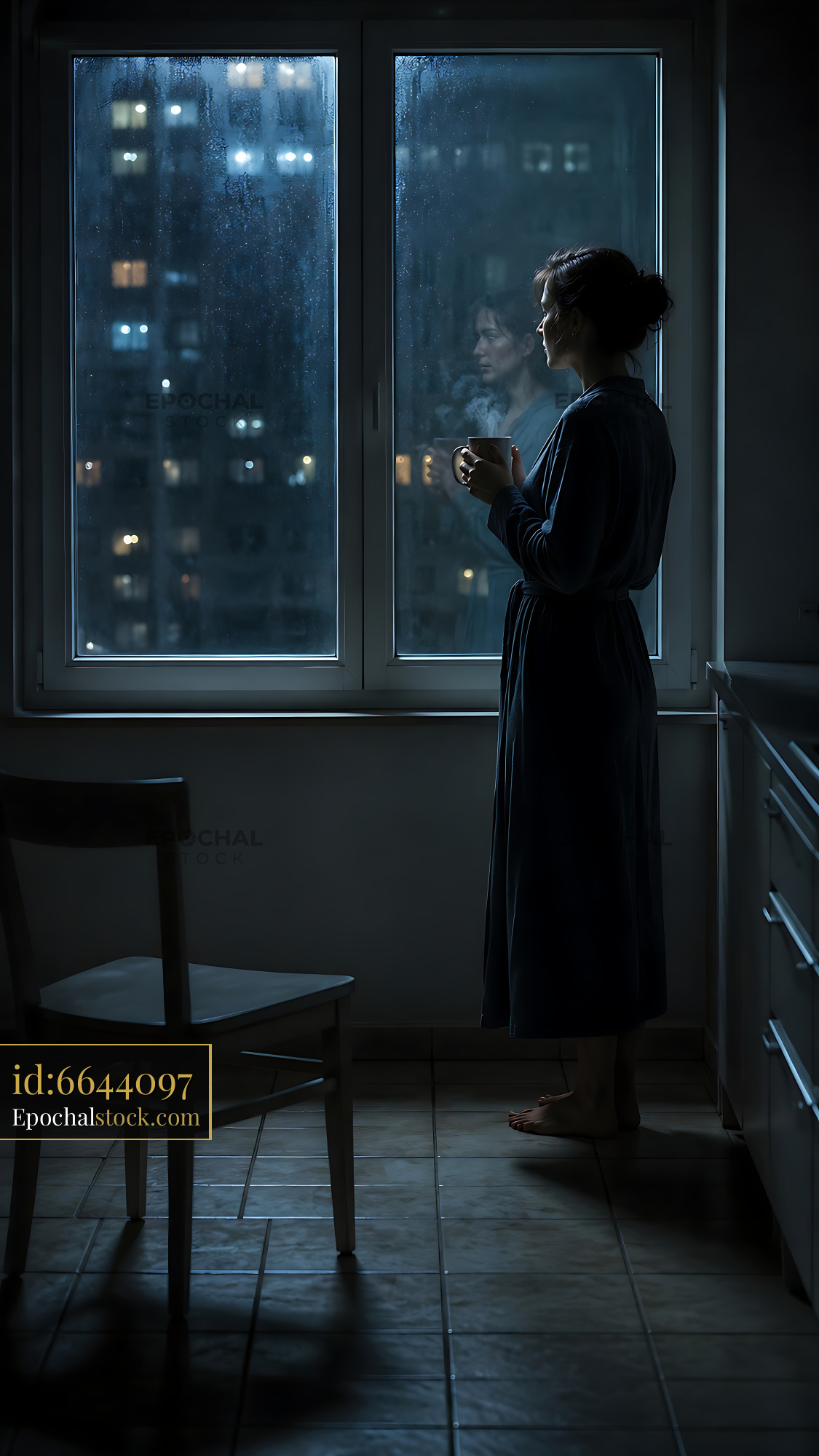 Watermarked full-resolution preview of Woman looking out of window at night in urban setting