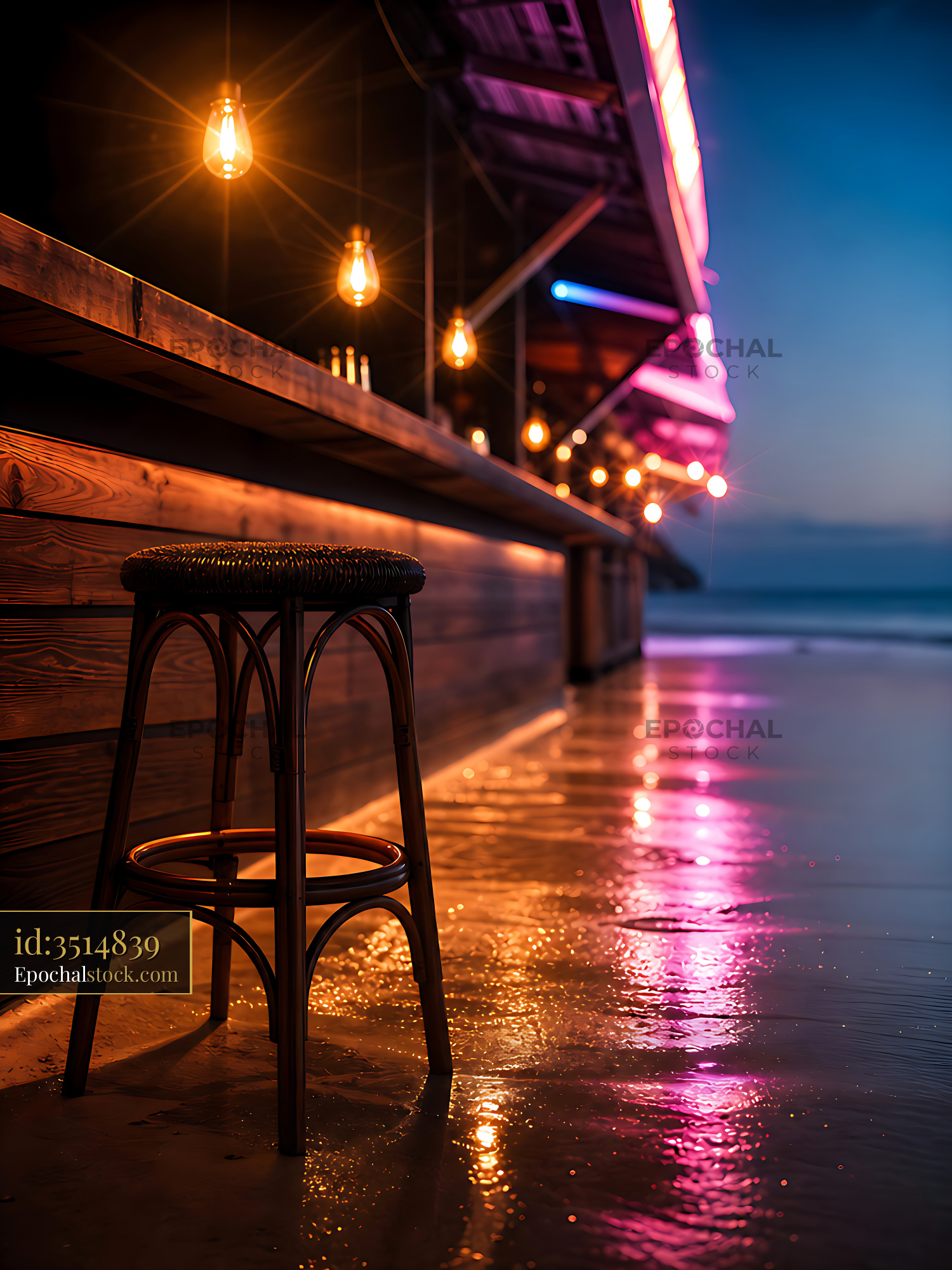 Watermarked full-resolution preview of Cozy bar stool by the beach at sunset with glowing lights