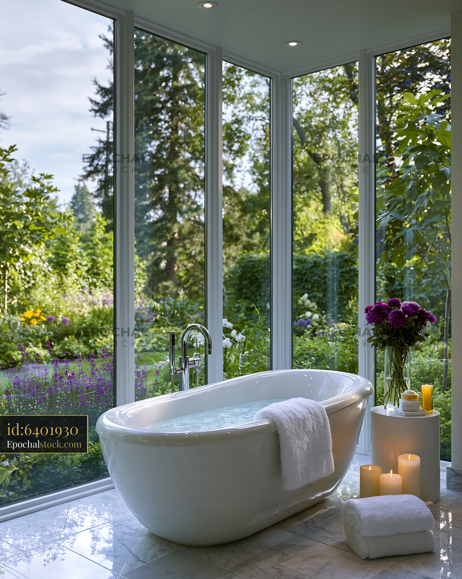 Watermarked full-resolution preview of Relaxing bath setup with view of garden in a modern home
