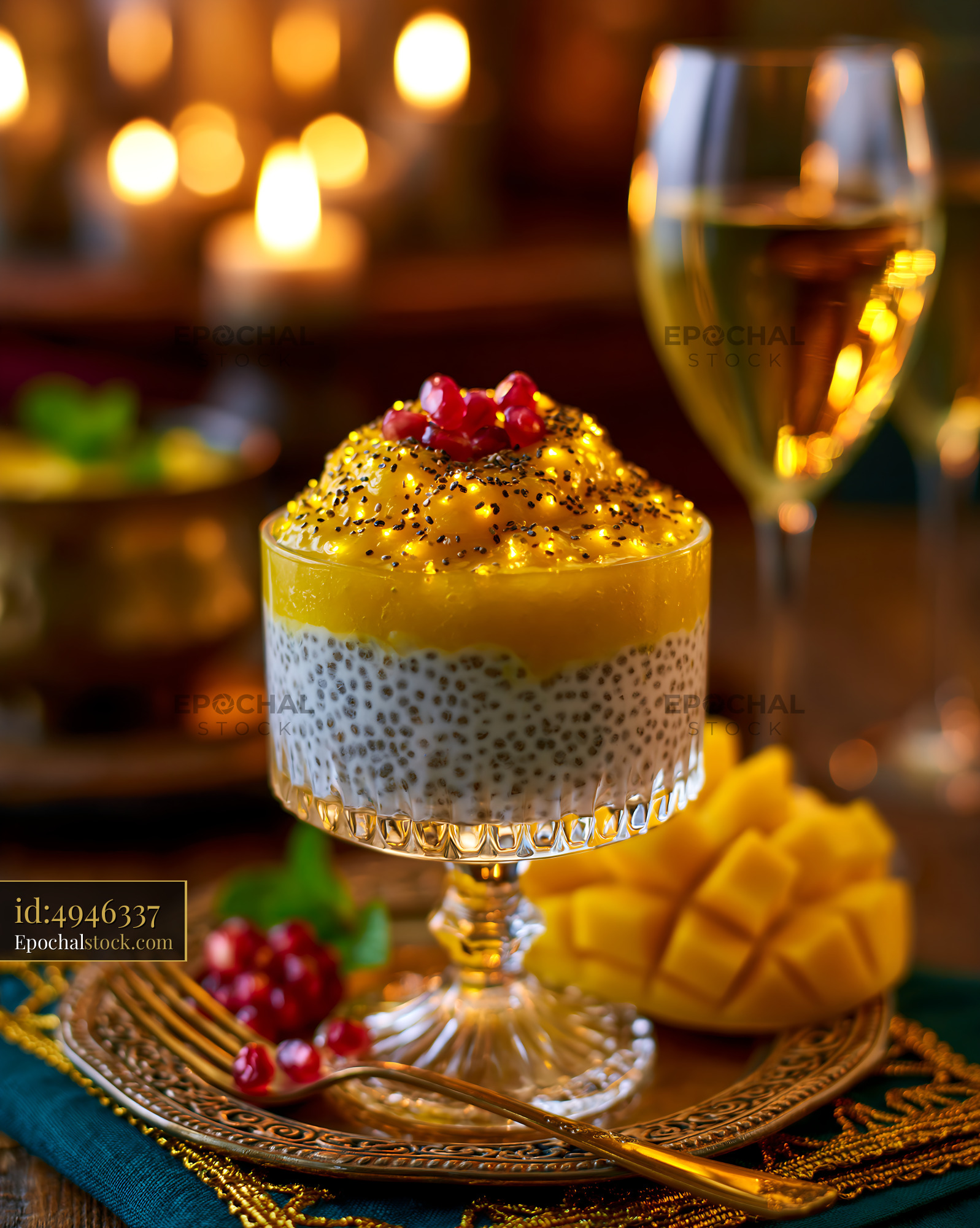 Watermarked full-resolution preview of Mango pudding with chia seeds served in glass cup on table