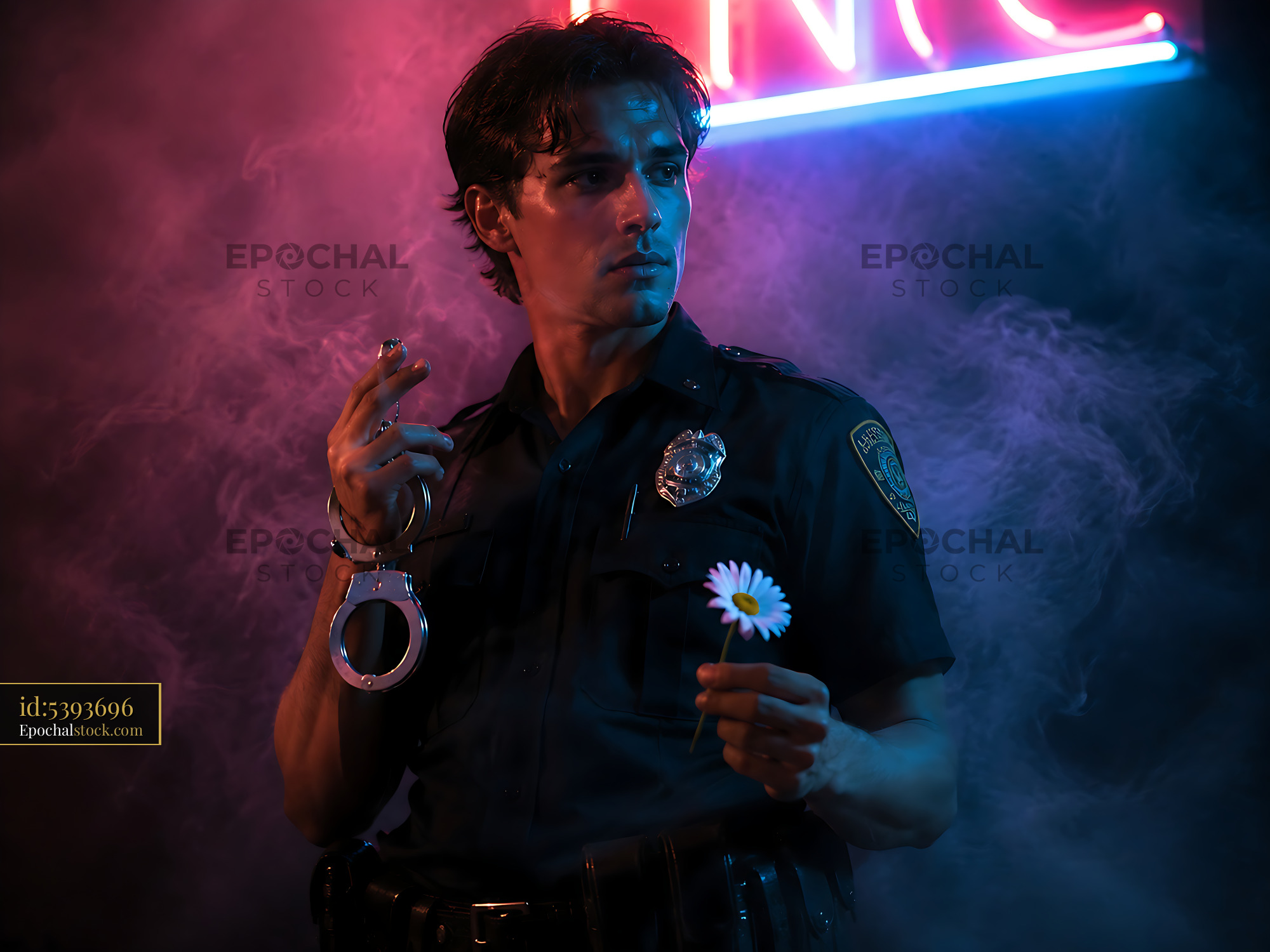 Officer Holding Handcuffs and Flower in Neon Light - stock photo