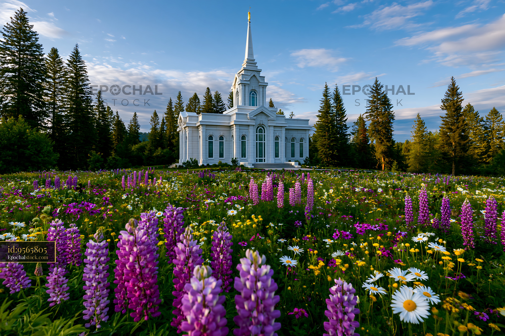 Watermarked full-resolution preview of Colorful flowers in front of a white church among trees