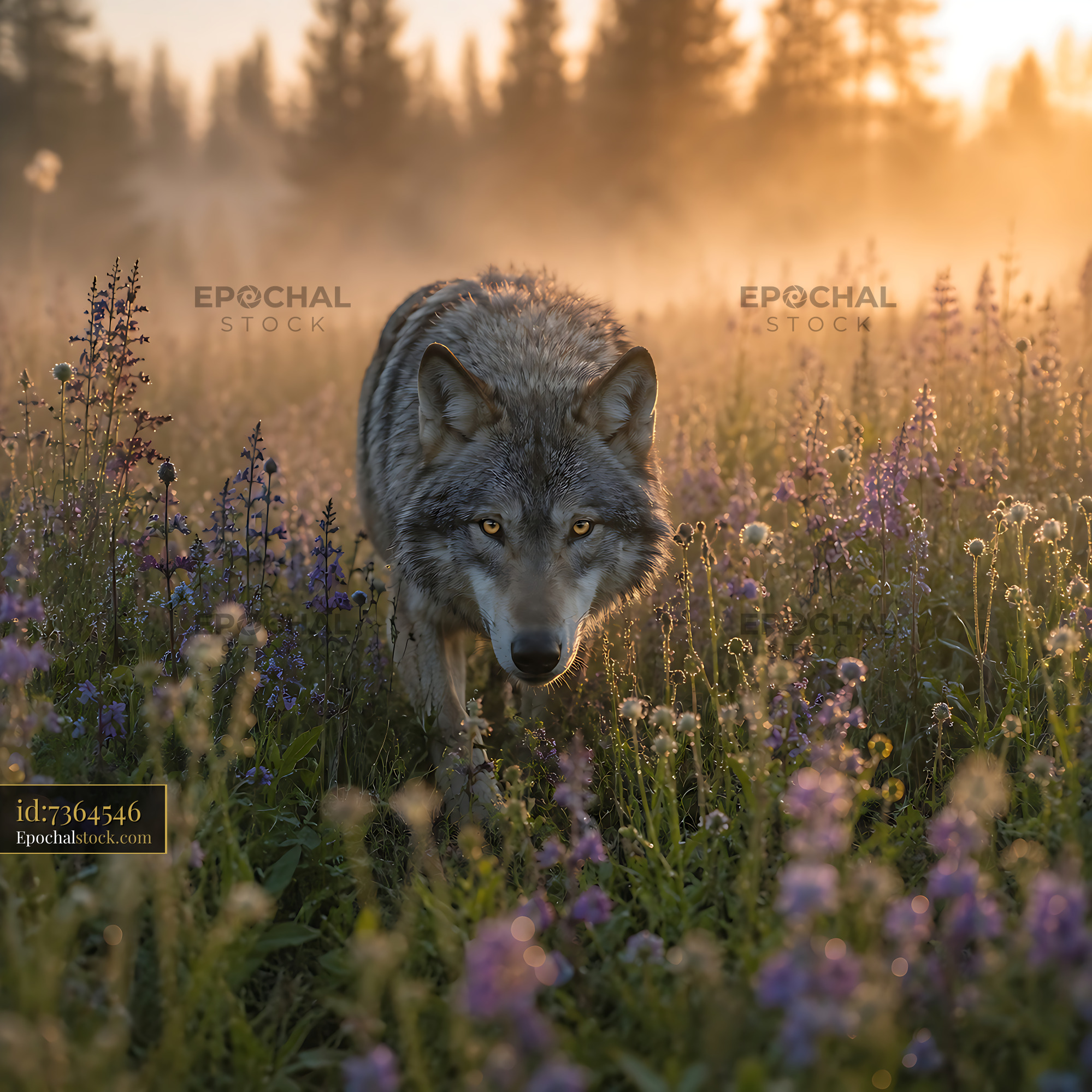 Watermarked full-resolution preview of Wolf walking through wildflowers at sunrise