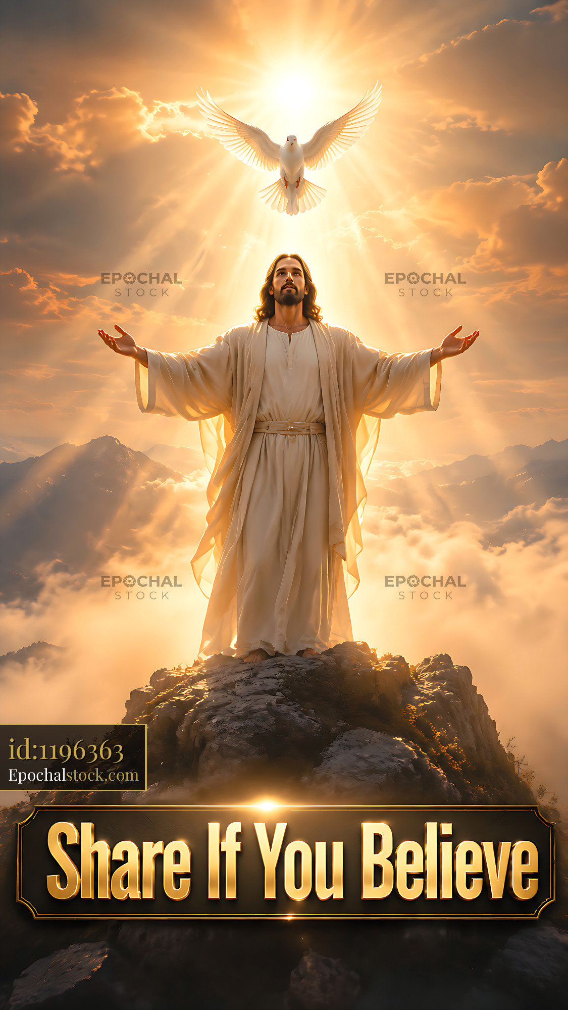 Jesus Stands on a Mountain With Arms Raised Towards the Sky - stock photo