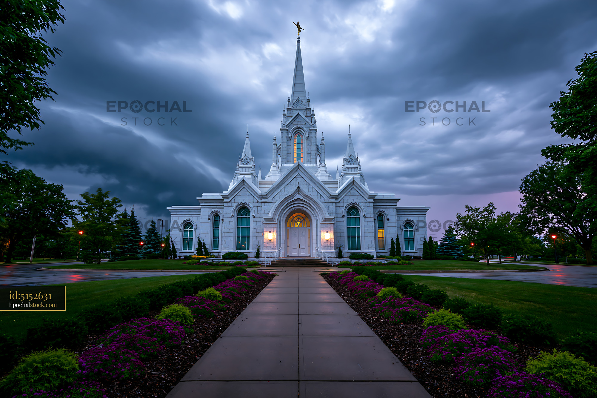 Watermarked full-resolution preview of Cloudy sky over a large white church with a tall steeple