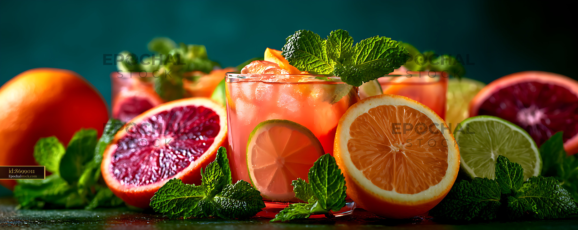 Watermarked full-resolution preview of Colorful citrus drink surrounded by fresh fruit and mint