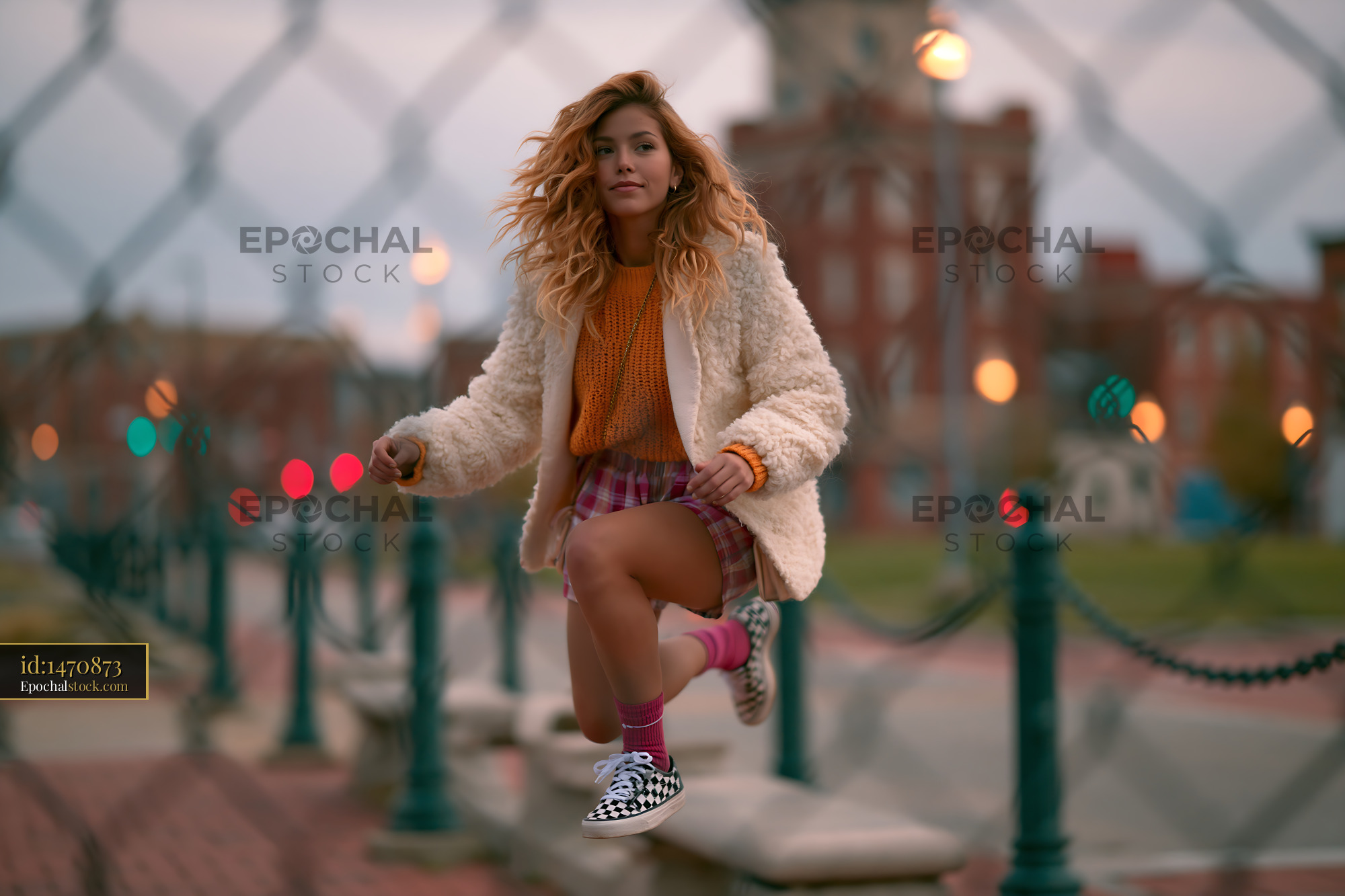 Watermarked full-resolution preview of Jumping girl in a city park with chain-link fence
