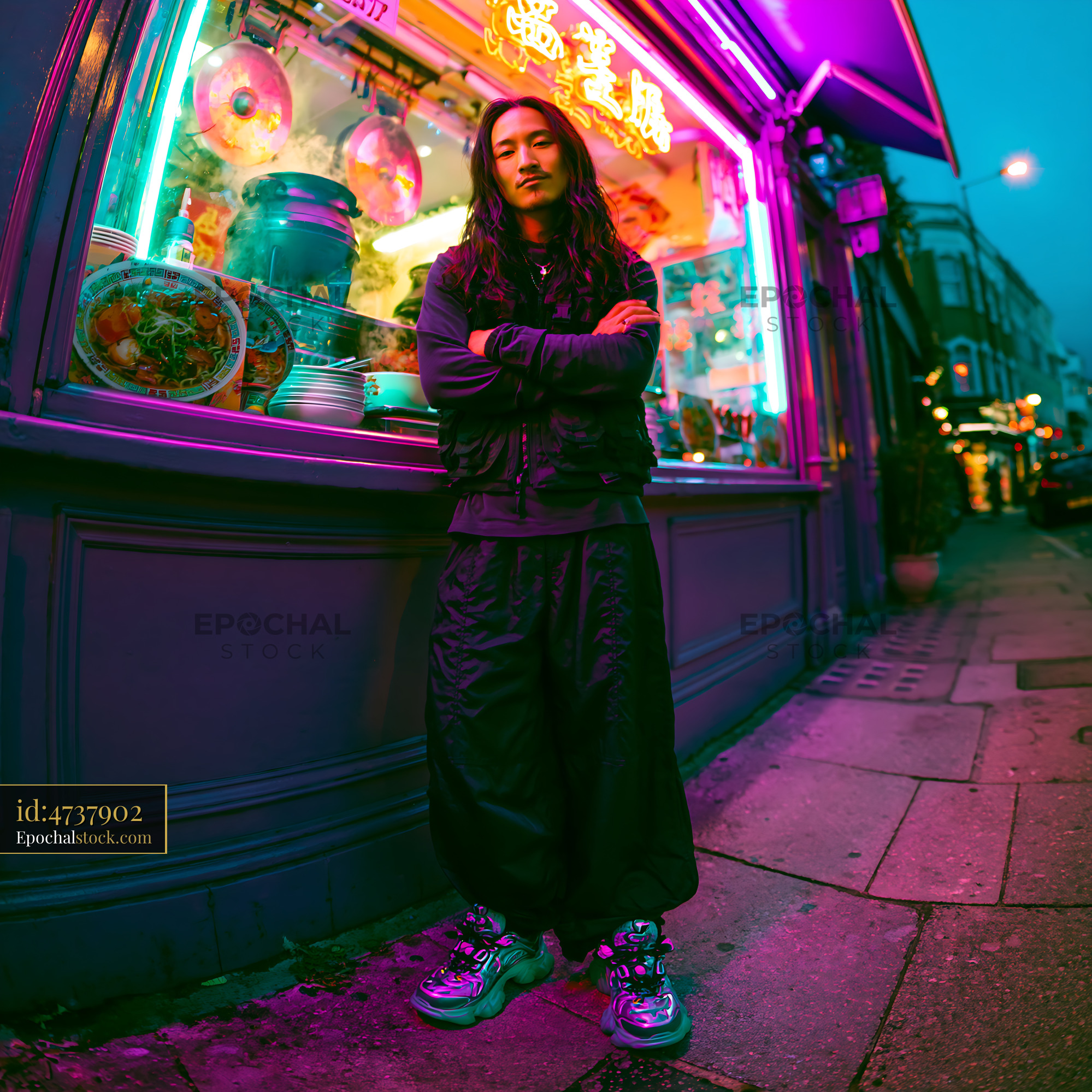 Watermarked full-resolution preview of Urban street scene with a person in front of a colorful shop