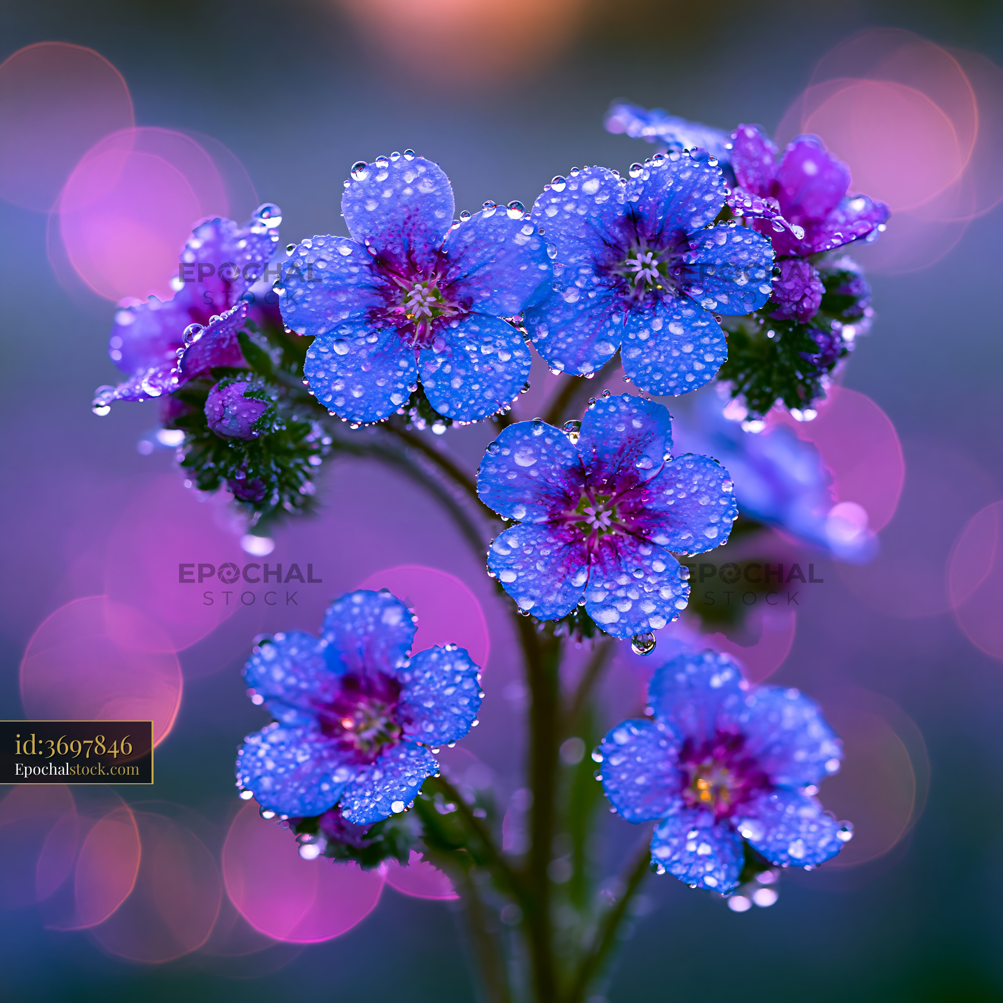 Watermarked full-resolution preview of Vibrant blue flowers with dew against a bokeh background
