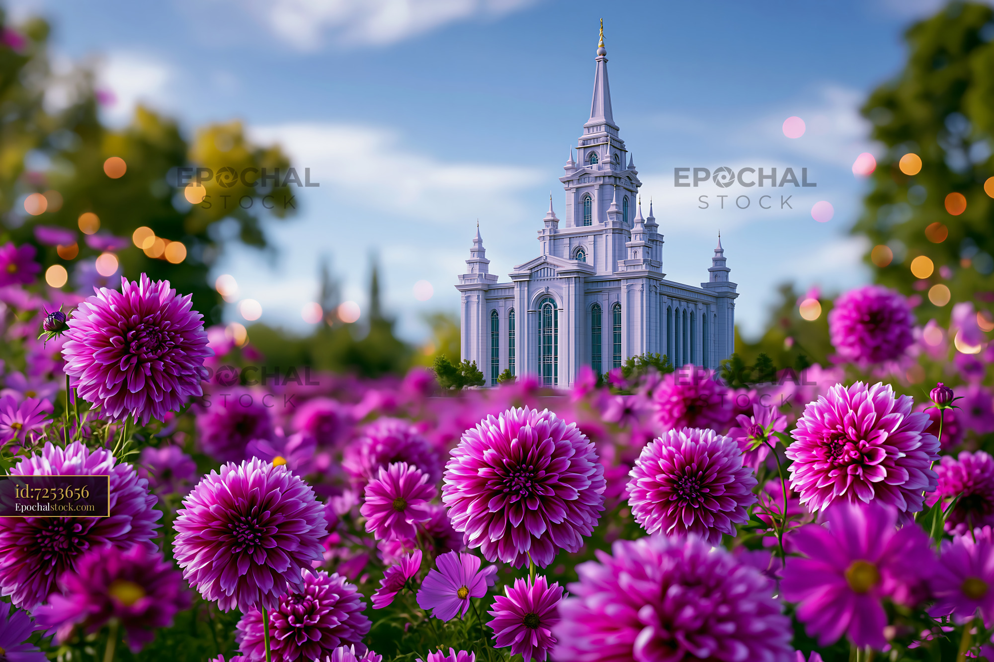 Watermarked full-resolution preview of Colorful flowers in a garden with a church in the background