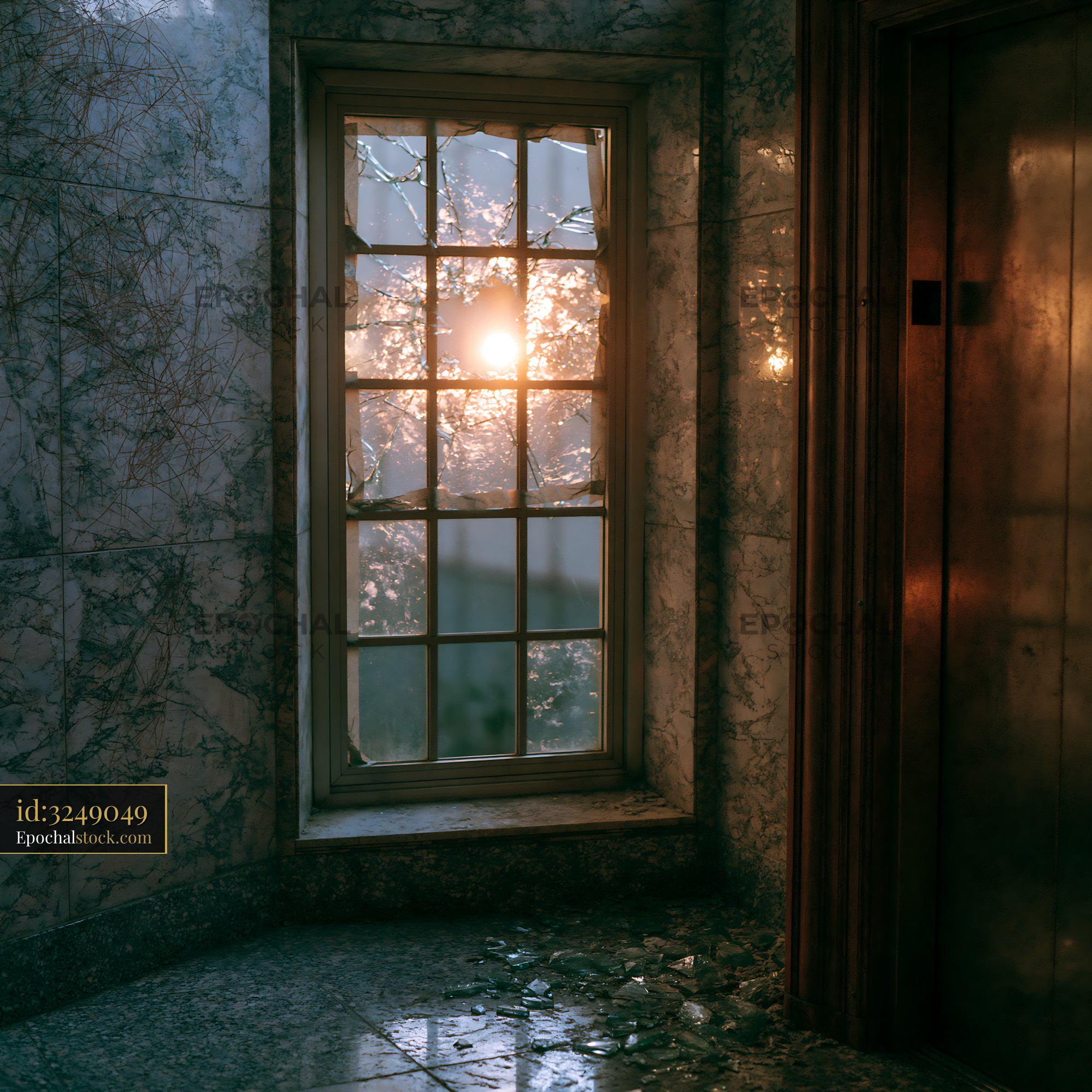 Watermarked full-resolution preview of Sunlight shining through broken window in old building