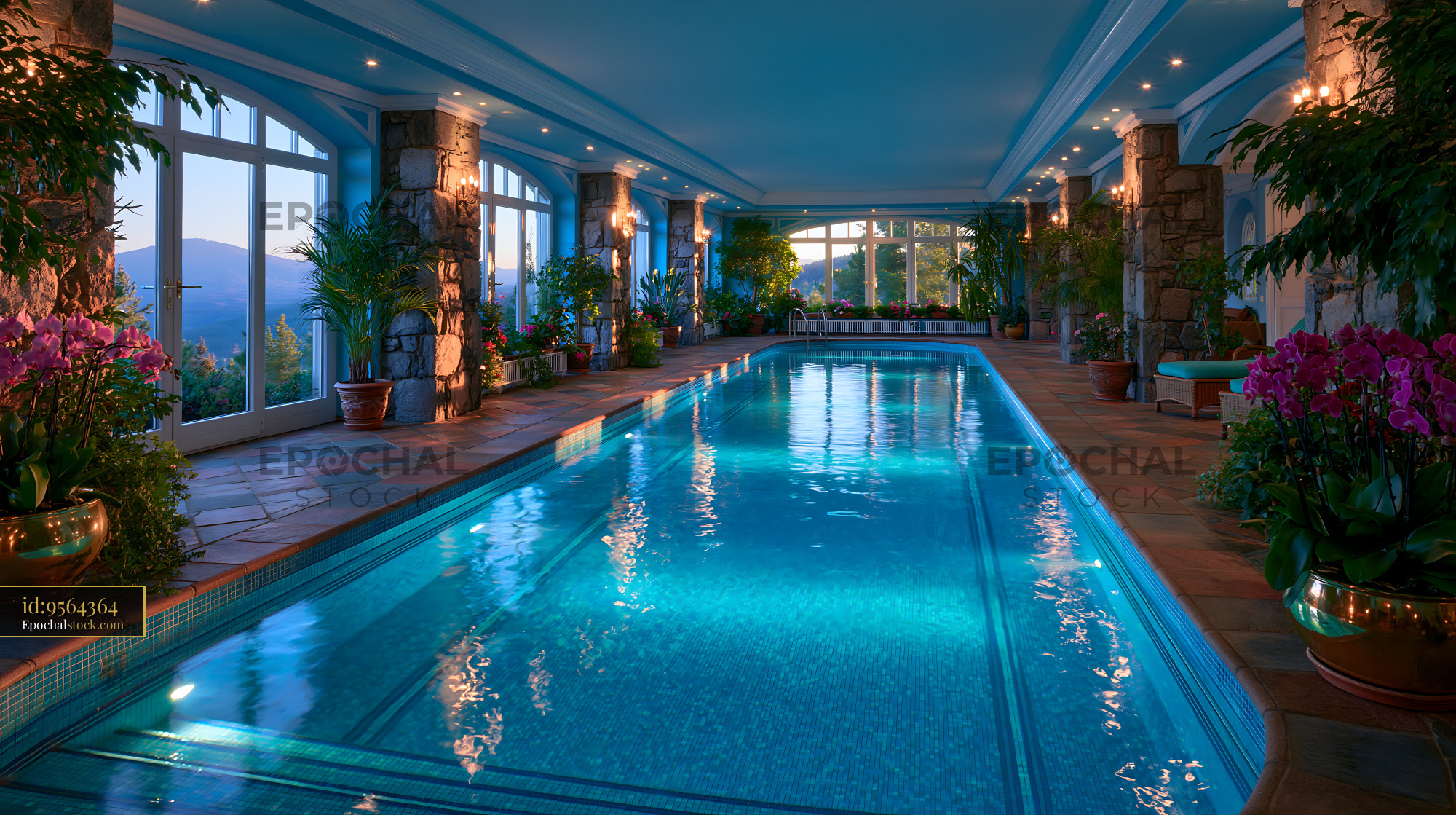 Watermarked full-resolution preview of Indoor swimming pool surrounded by plants and large windows