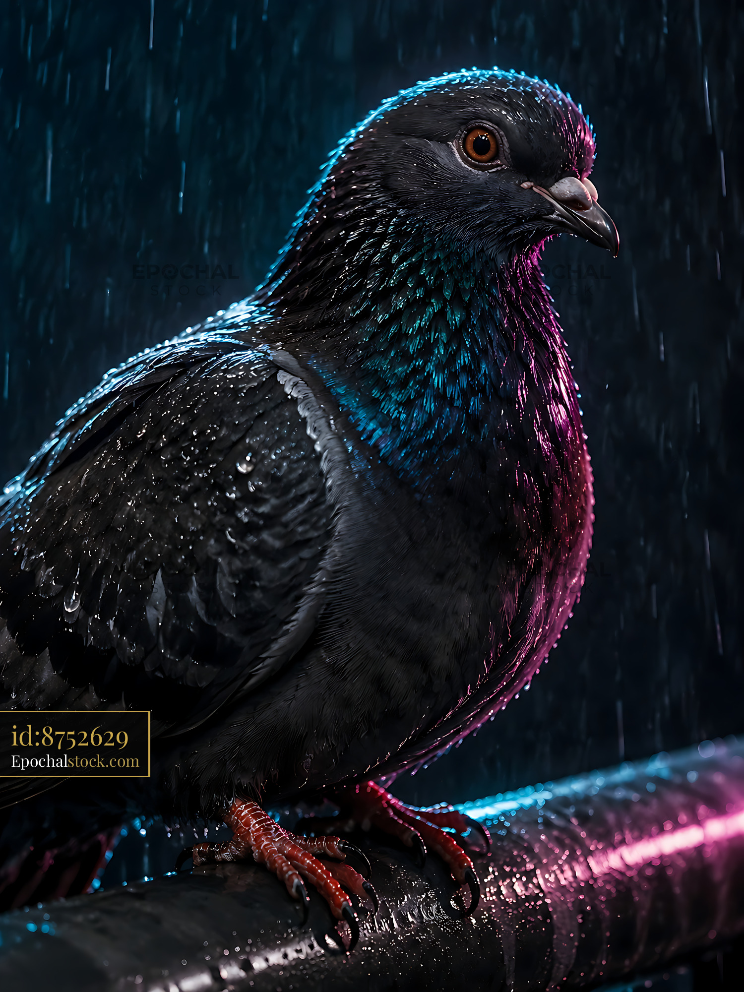 Watermarked full-resolution preview of Pigeon perched on a wet metal bar in the rain