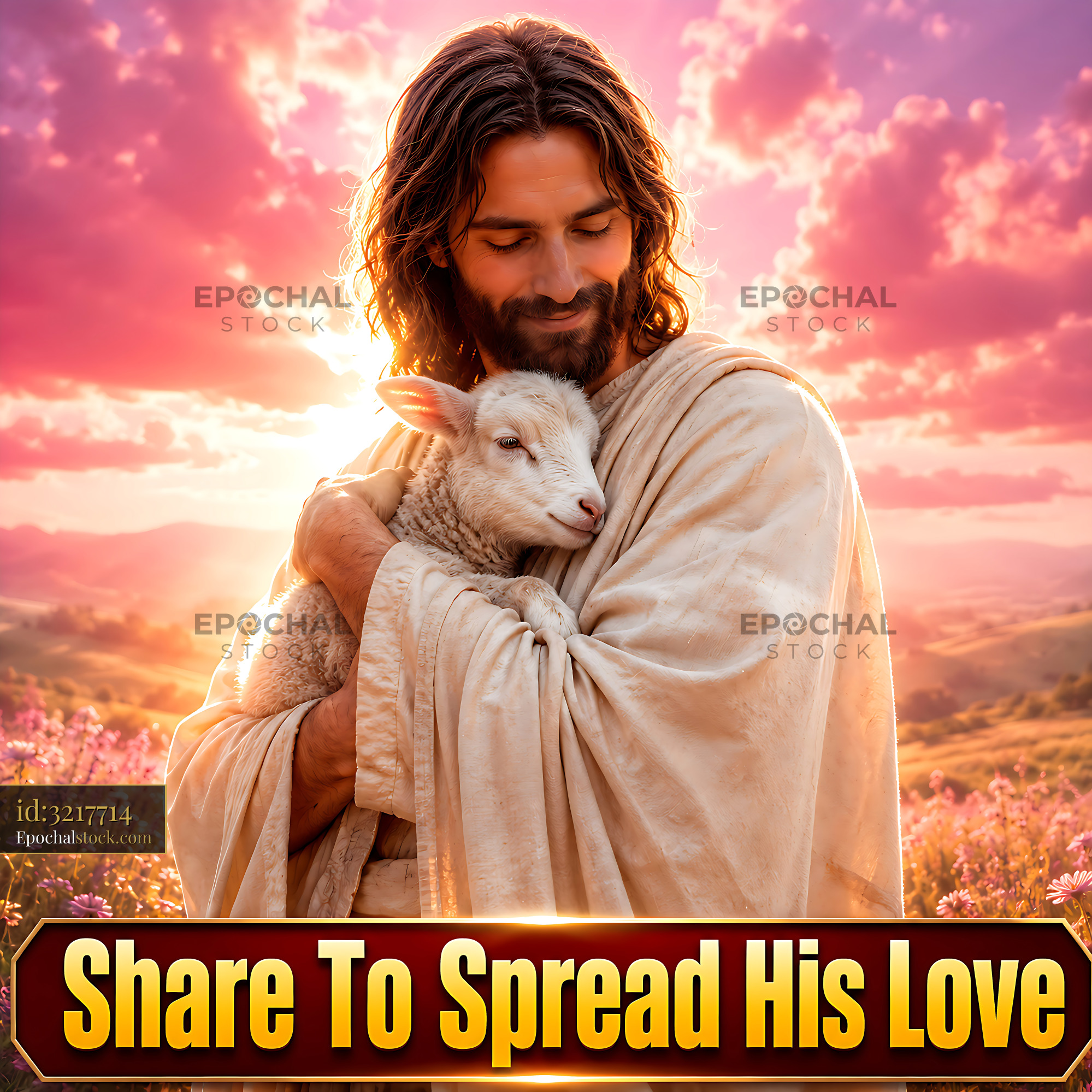 Man Holds Sheep in Sunset Light Surrounded by Hills and Flowers - stock photo