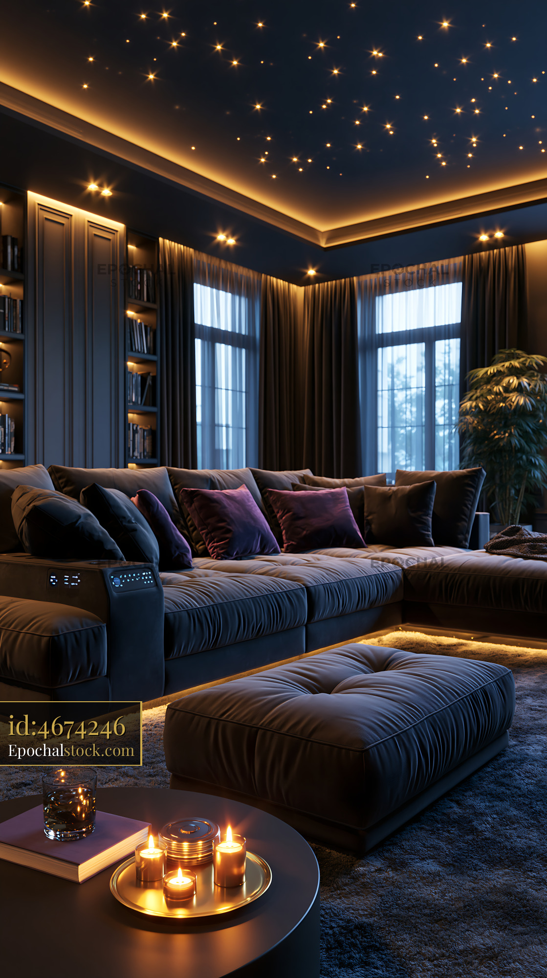 Watermarked full-resolution preview of Cozy living room with modern design and warm lighting