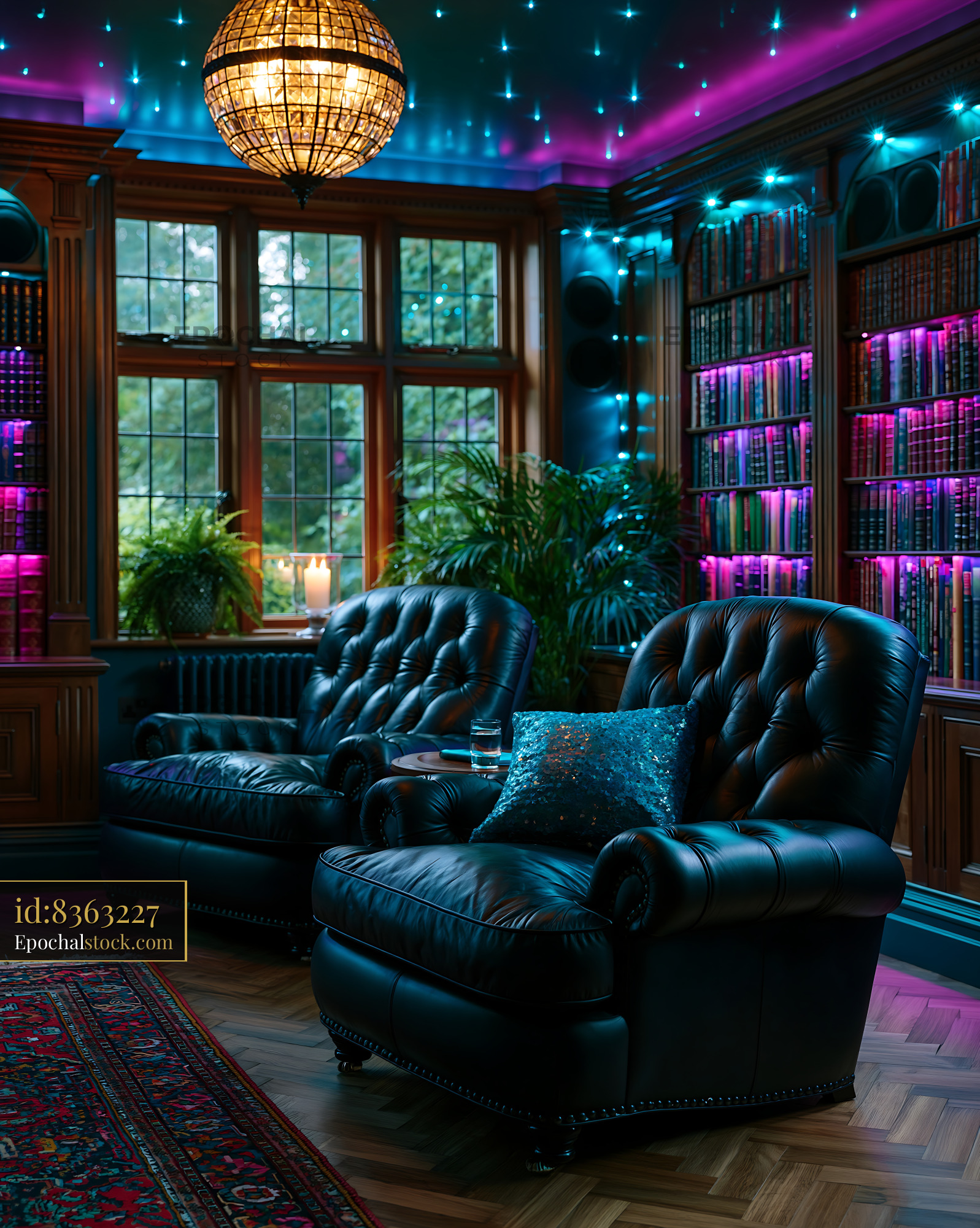 Watermarked full-resolution preview of Cozy reading nook with leather chairs and colorful lights