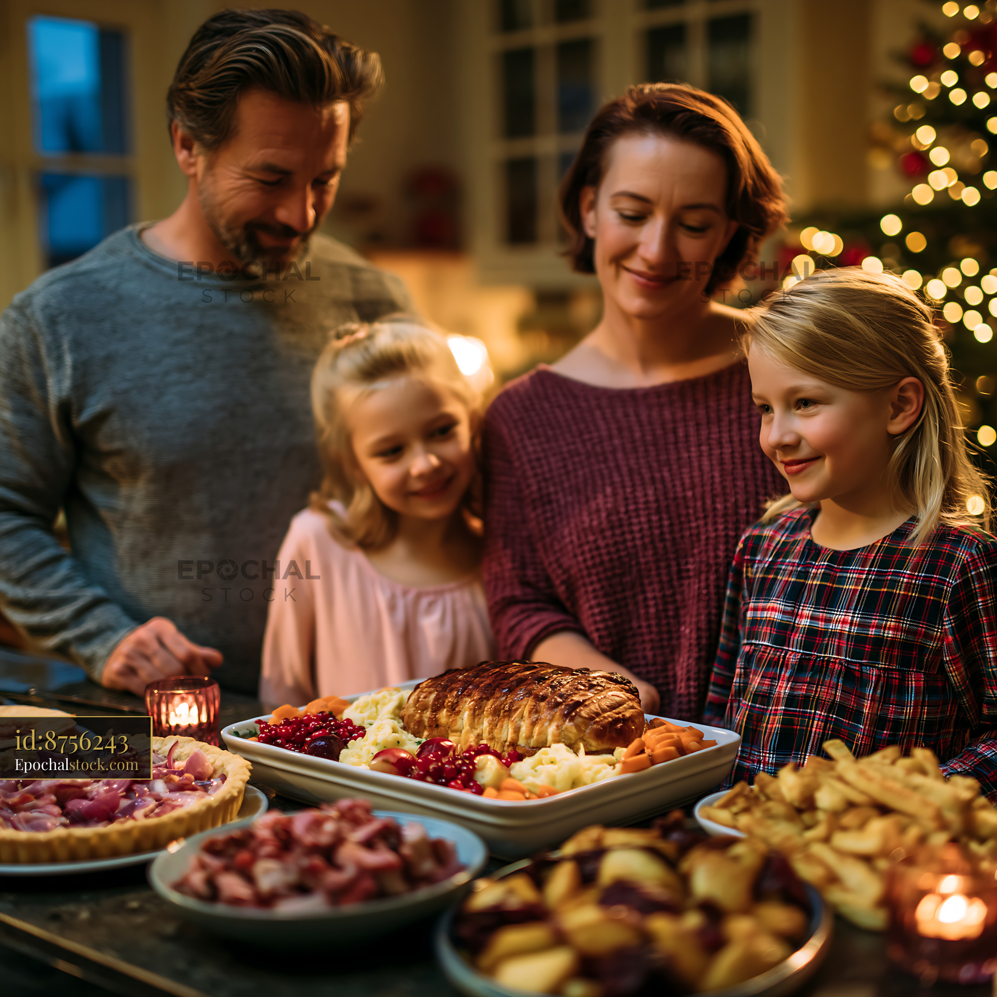 Watermarked full-resolution preview of Family enjoying a festive meal together at home