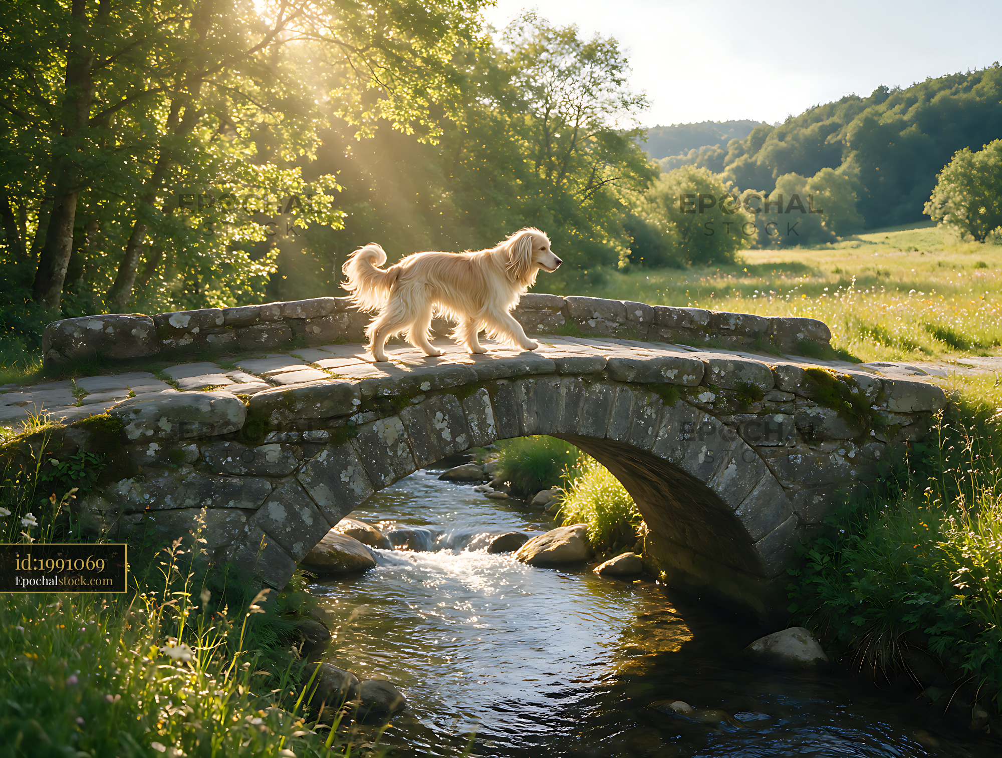 Watermarked full-resolution preview of Long-haired dog on a rustic bridge above a stream