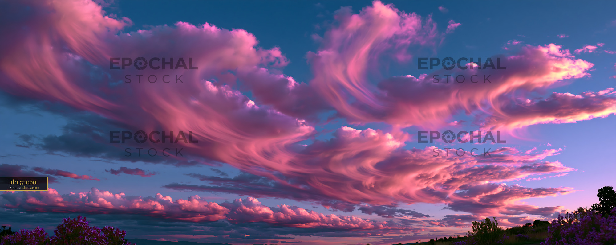 Watermarked full-resolution preview of Vibrant sunset clouds over a clear sky with shades of pink and purple