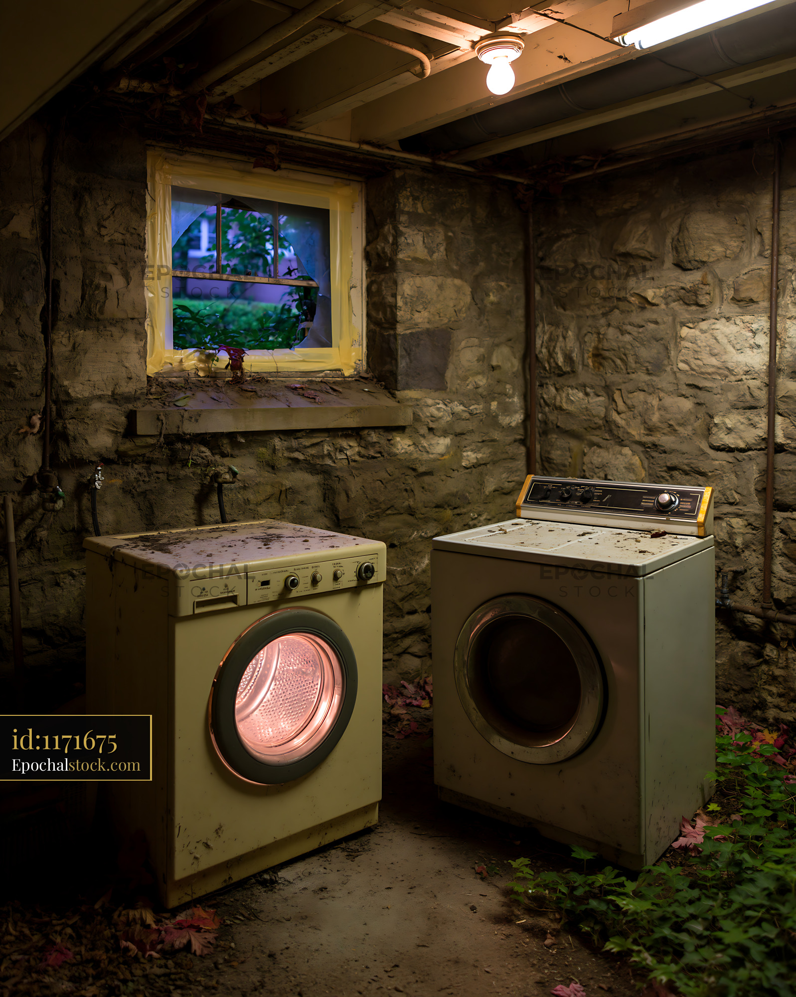 Watermarked full-resolution preview of Old washing machines in a dusty basement with natural light