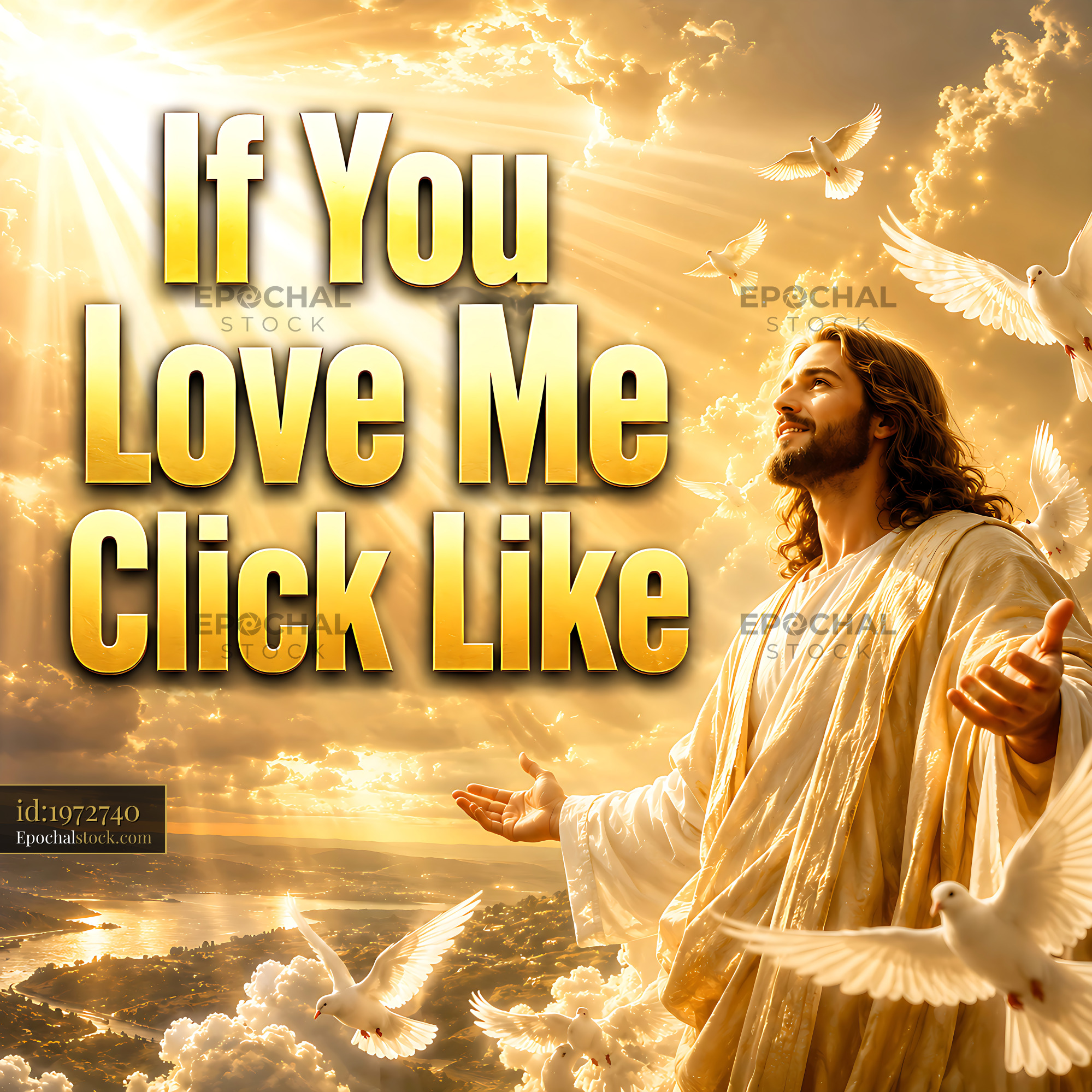 Watermarked full-resolution preview of Christian figure with doves in a bright cloud scene