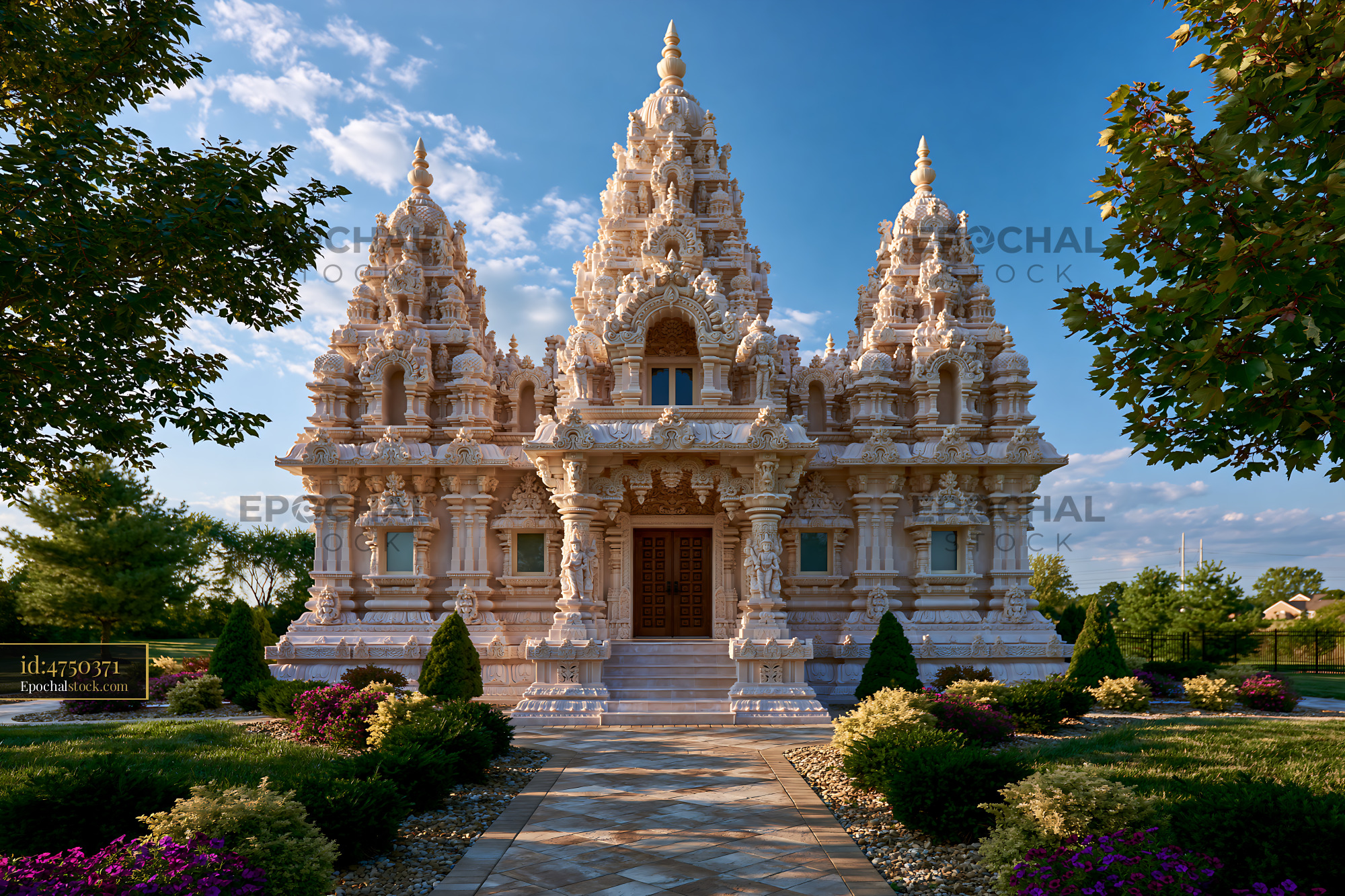 Watermarked full-resolution preview of Hindu temple with intricate carvings under a clear blue sky