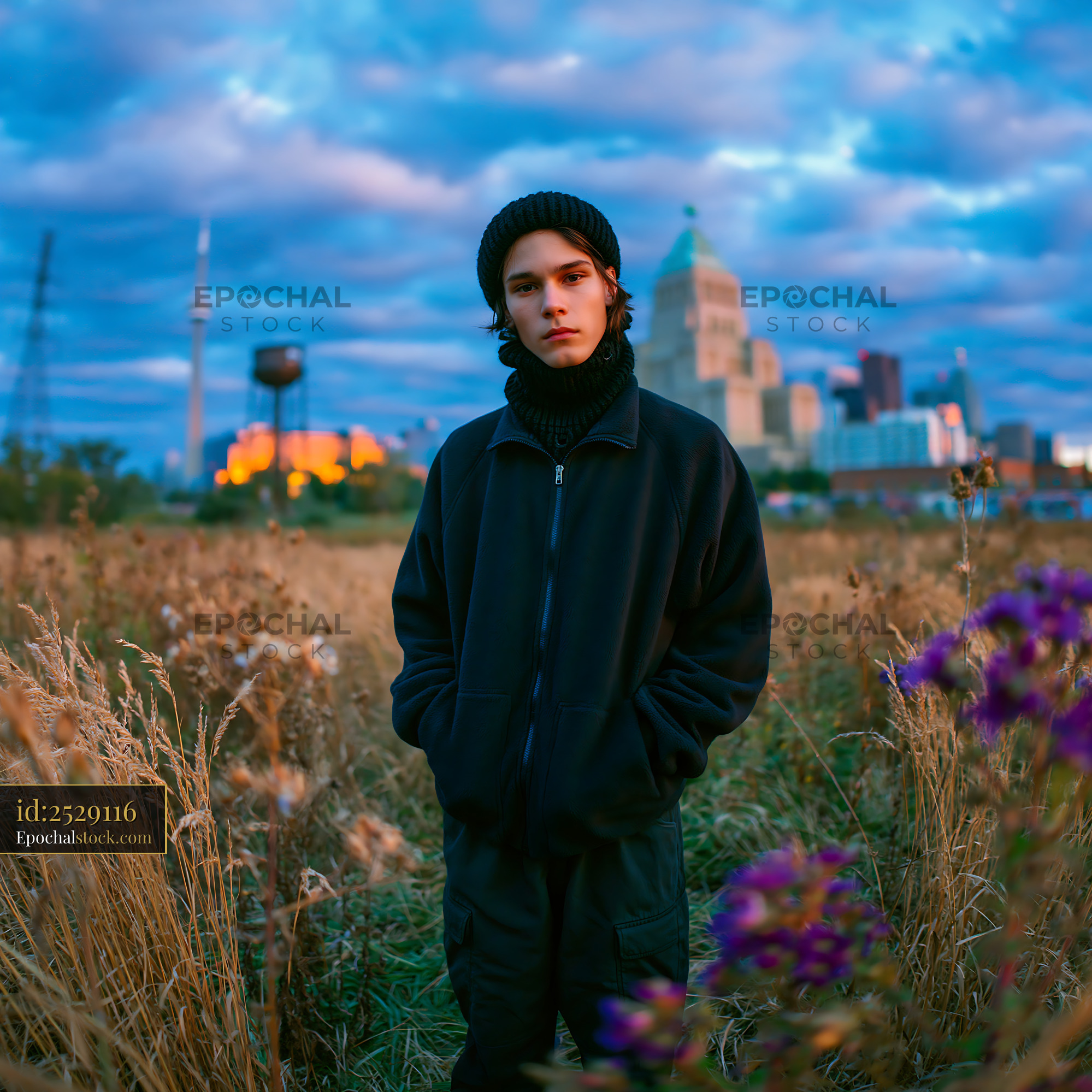 Watermarked full-resolution preview of Young person standing in a field with a city skyline in the background