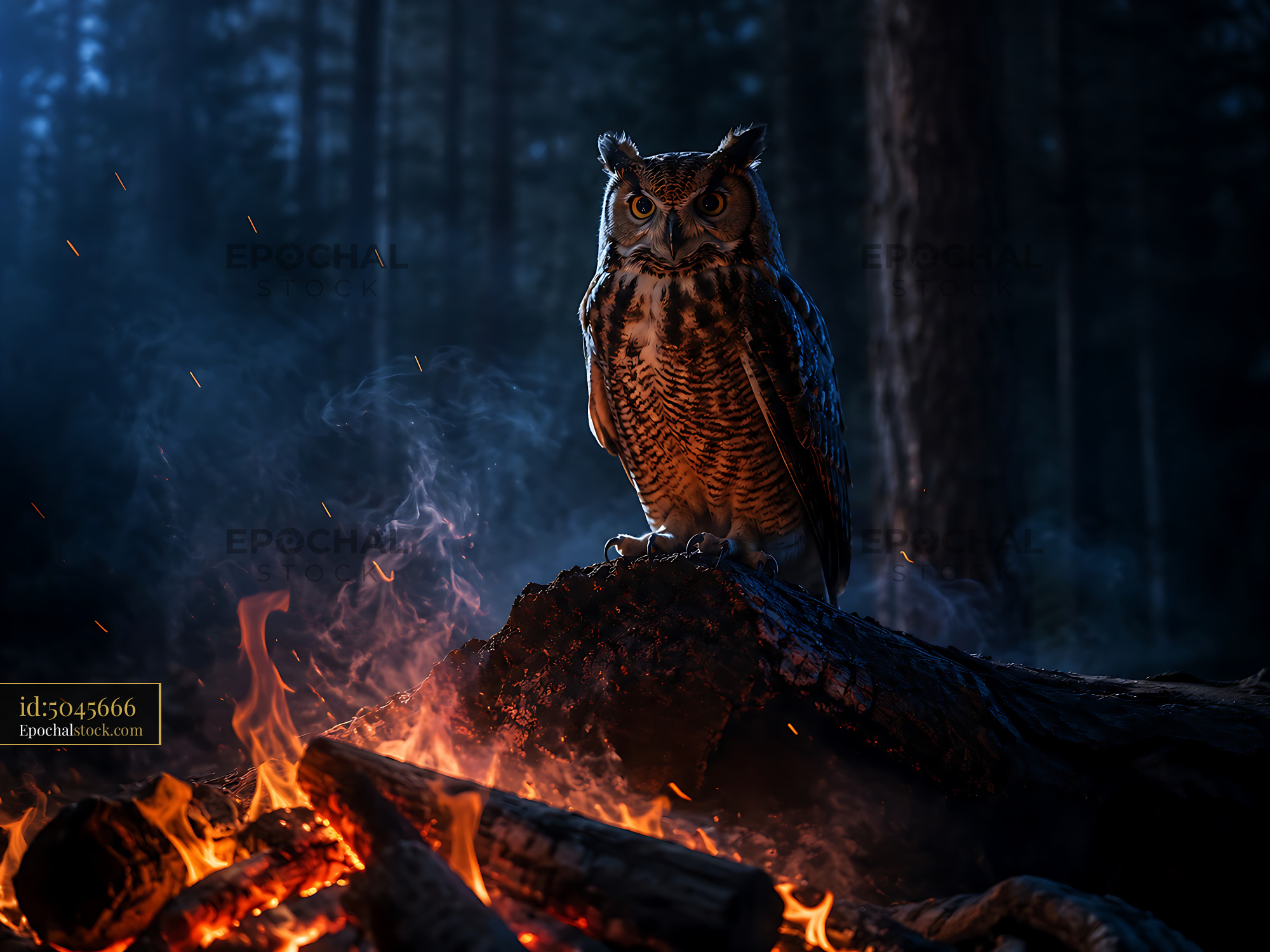 Owl Stands on Log Near Fire in Dark Forest at Night - stock photo