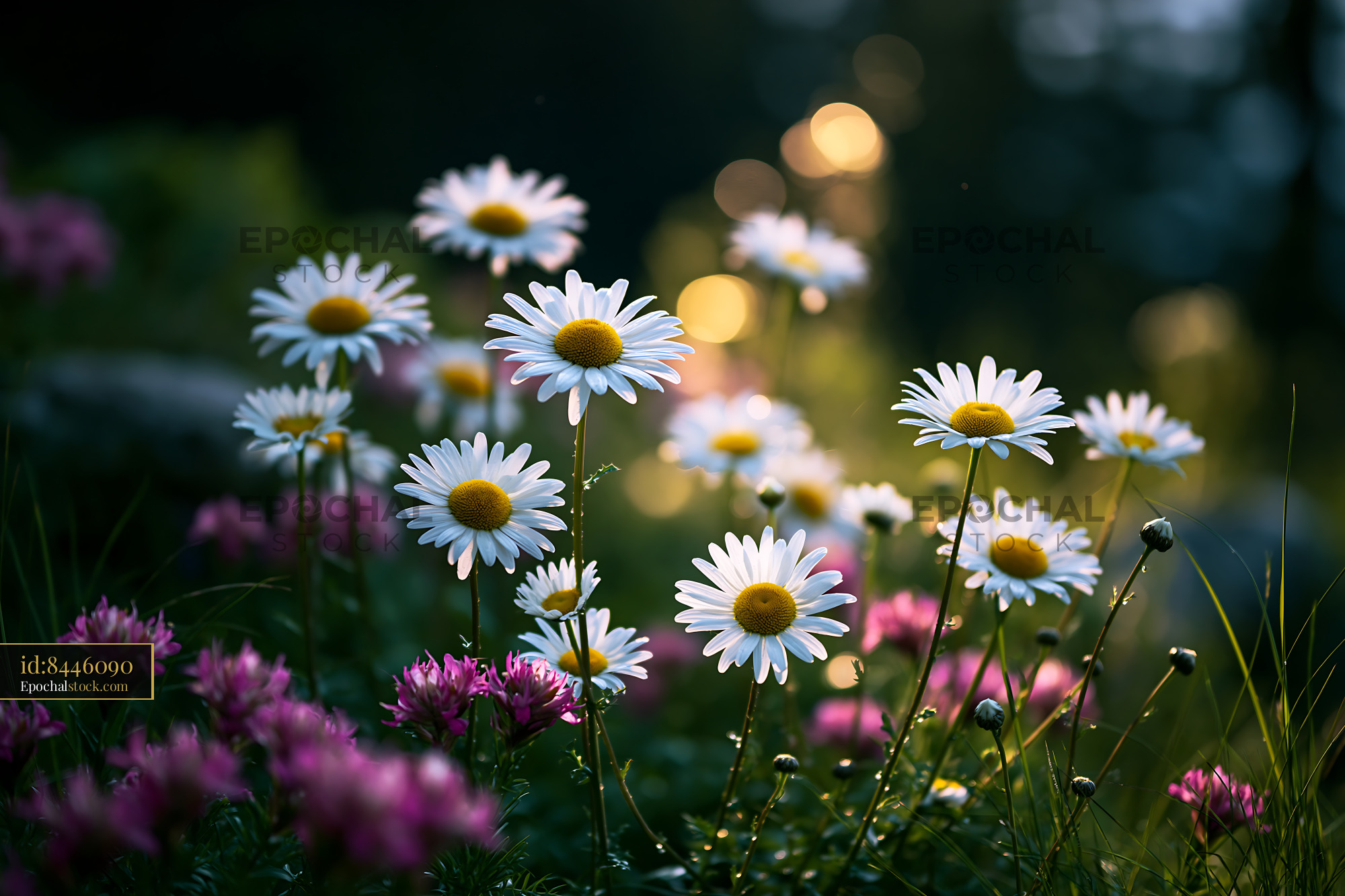 Watermarked full-resolution preview of Daisy and pink flower field during golden hour