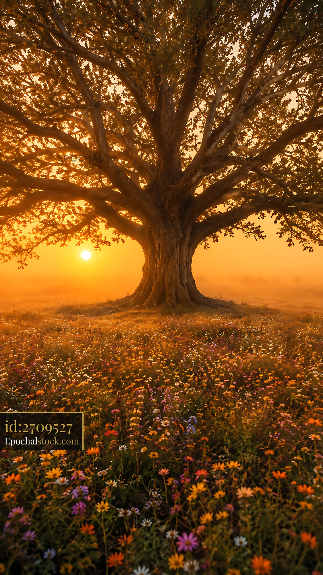 Watermarked full-resolution preview of Sunrise behind a large tree in a field of flowers