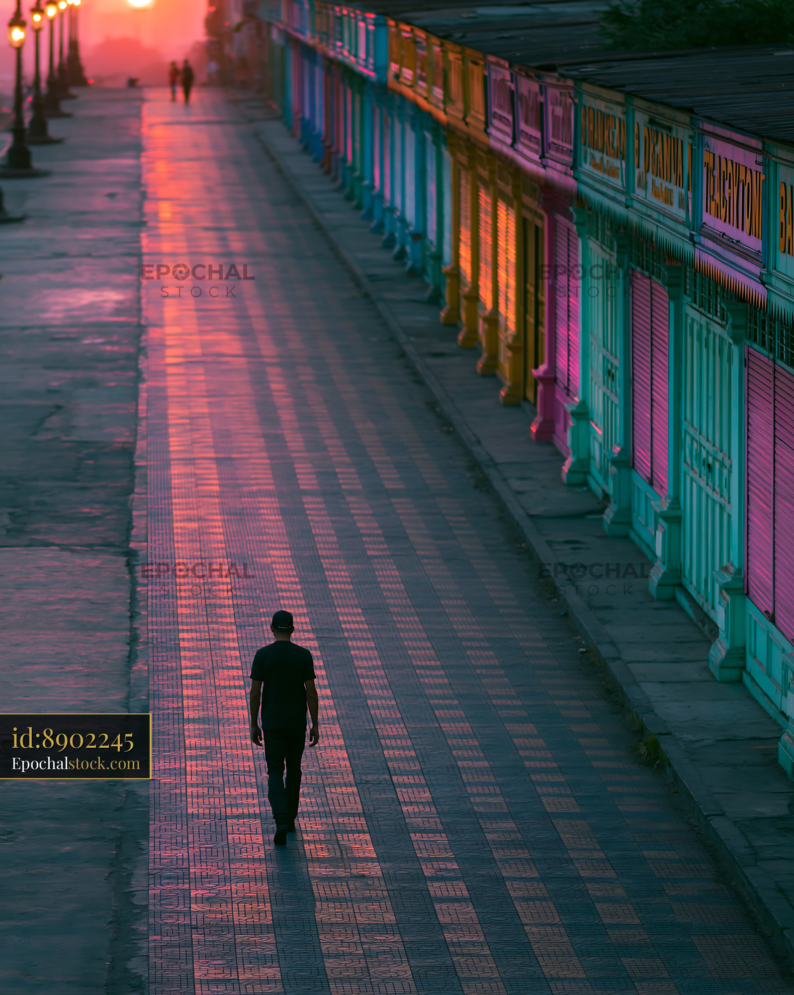 Watermarked full-resolution preview of Person walking on a quiet street at sunset with colorful shops