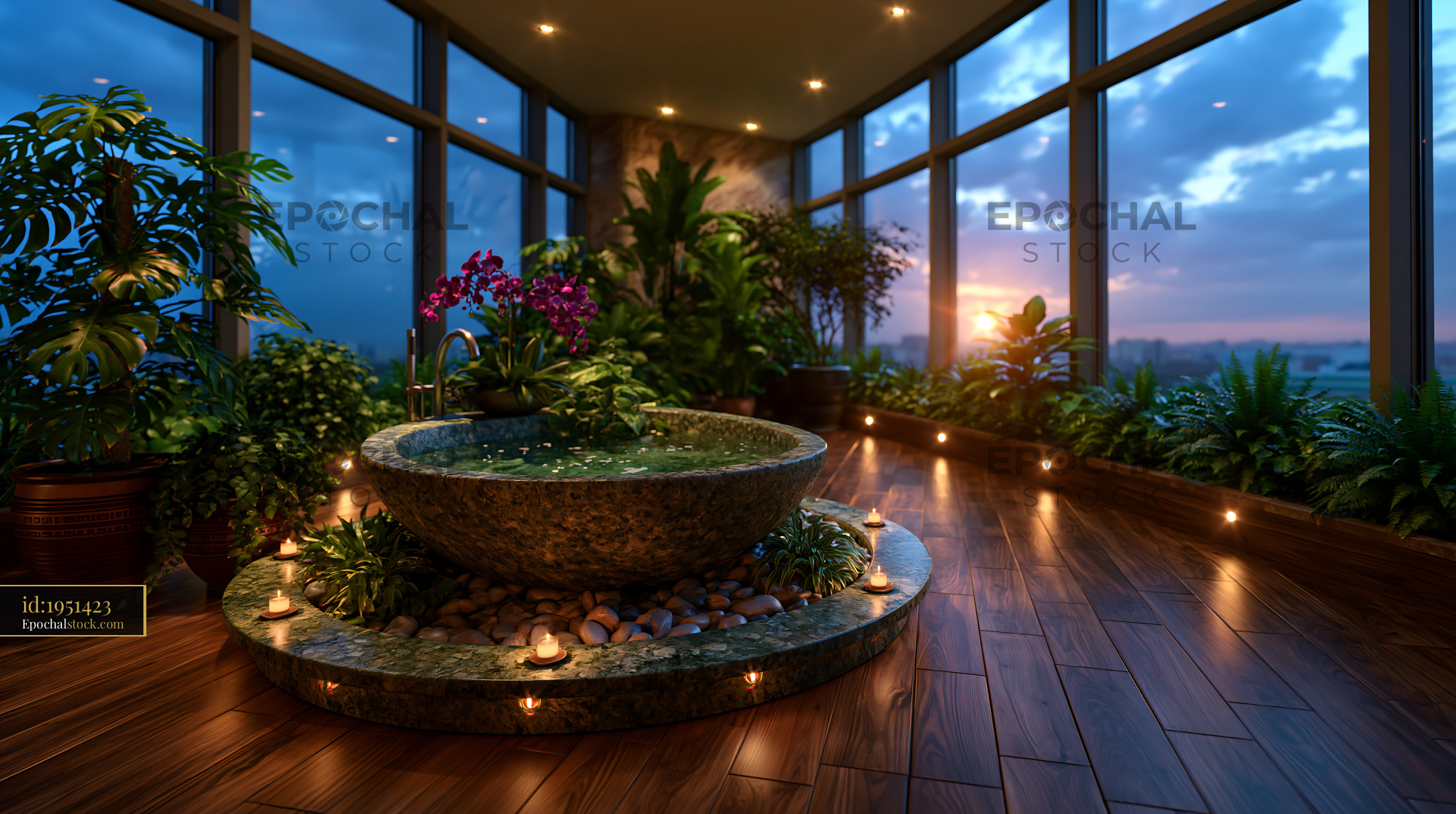 Watermarked full-resolution preview of Indoor garden with water feature at sunset