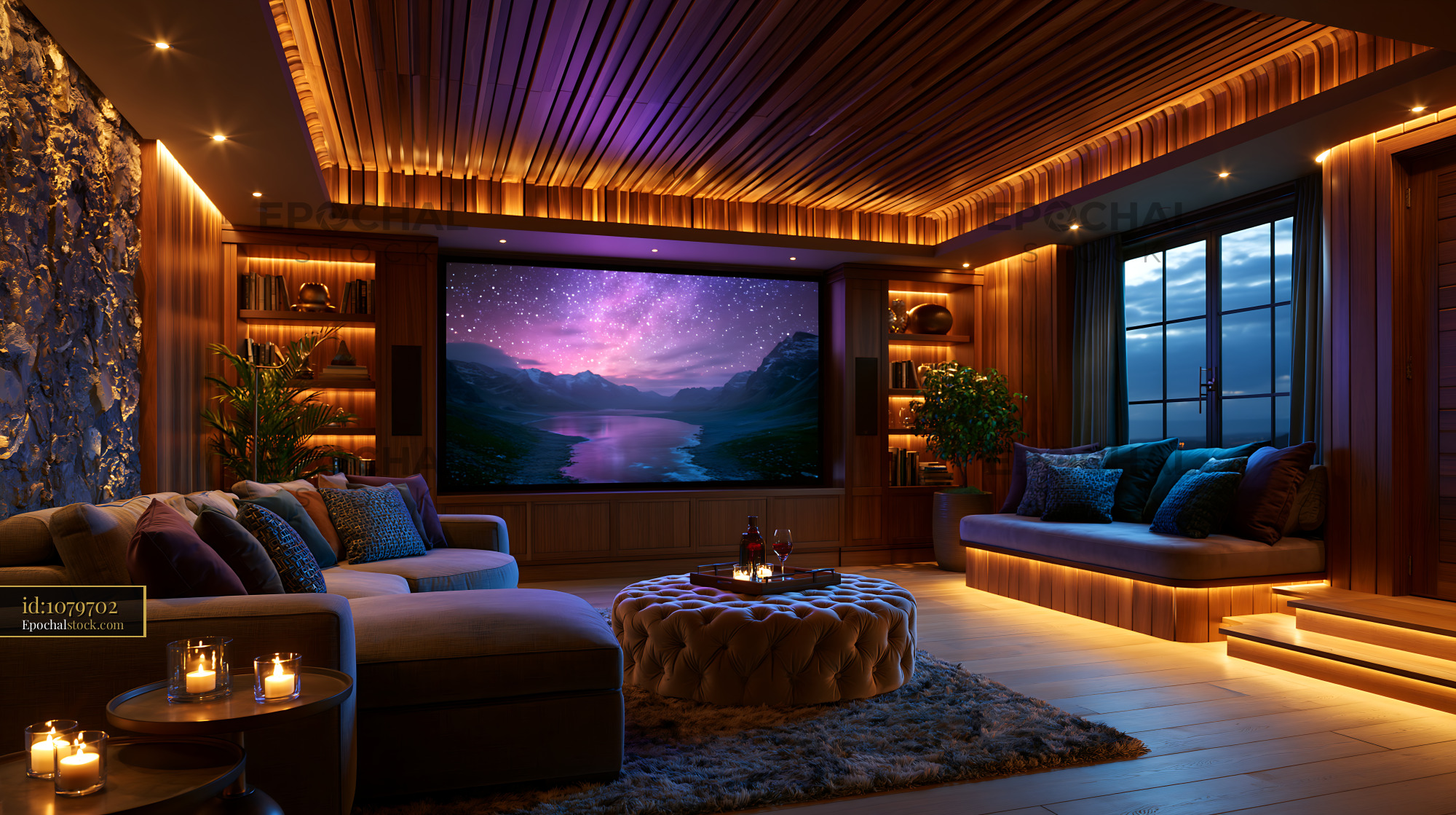High End Basement Screening Room With Large Screen and Cozy Seating - stock photo
