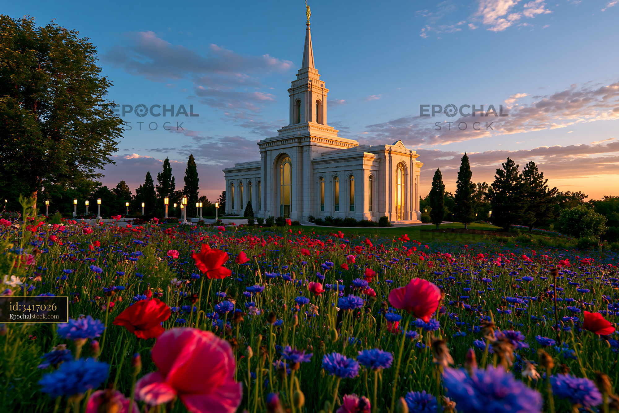Watermarked full-resolution preview of Colorful flowers surround a temple building at sunset