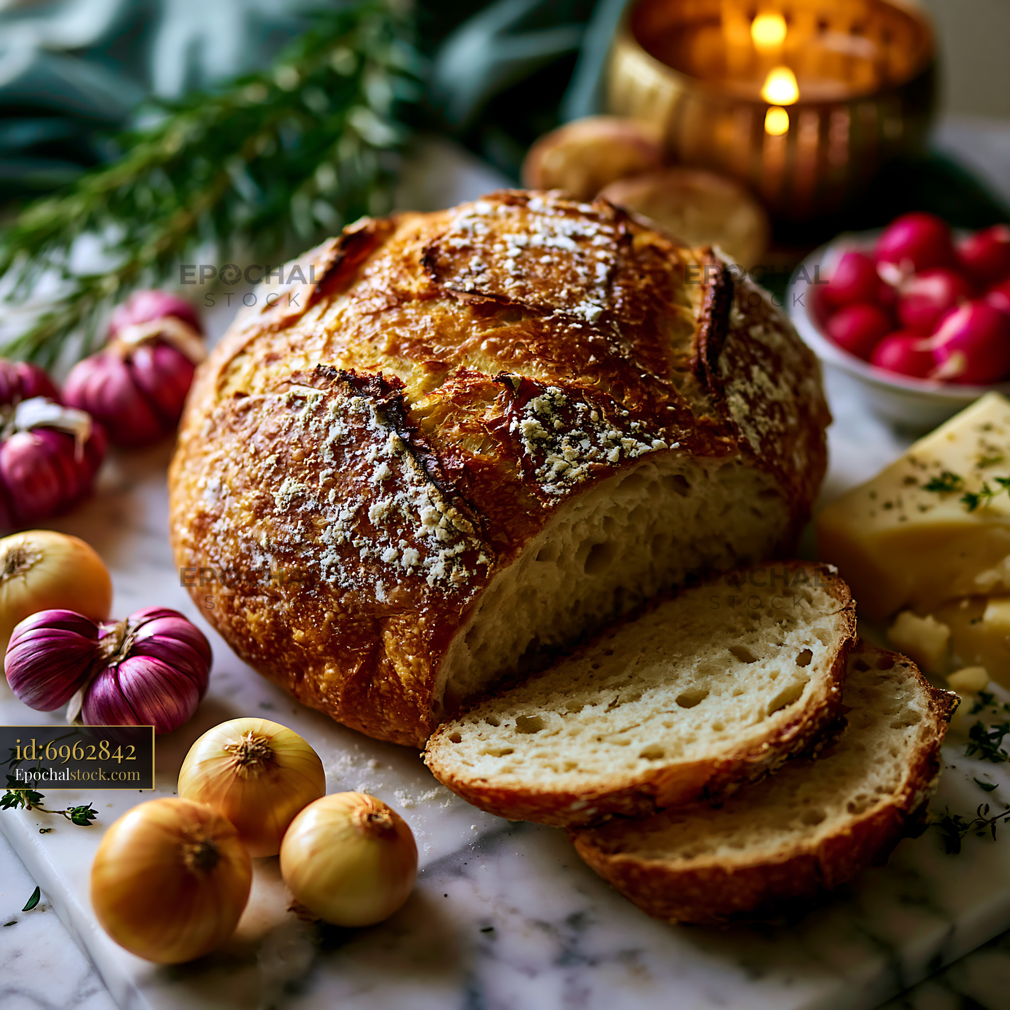 Watermarked full-resolution preview of Freshly baked bread with vegetables and cheese on a table
