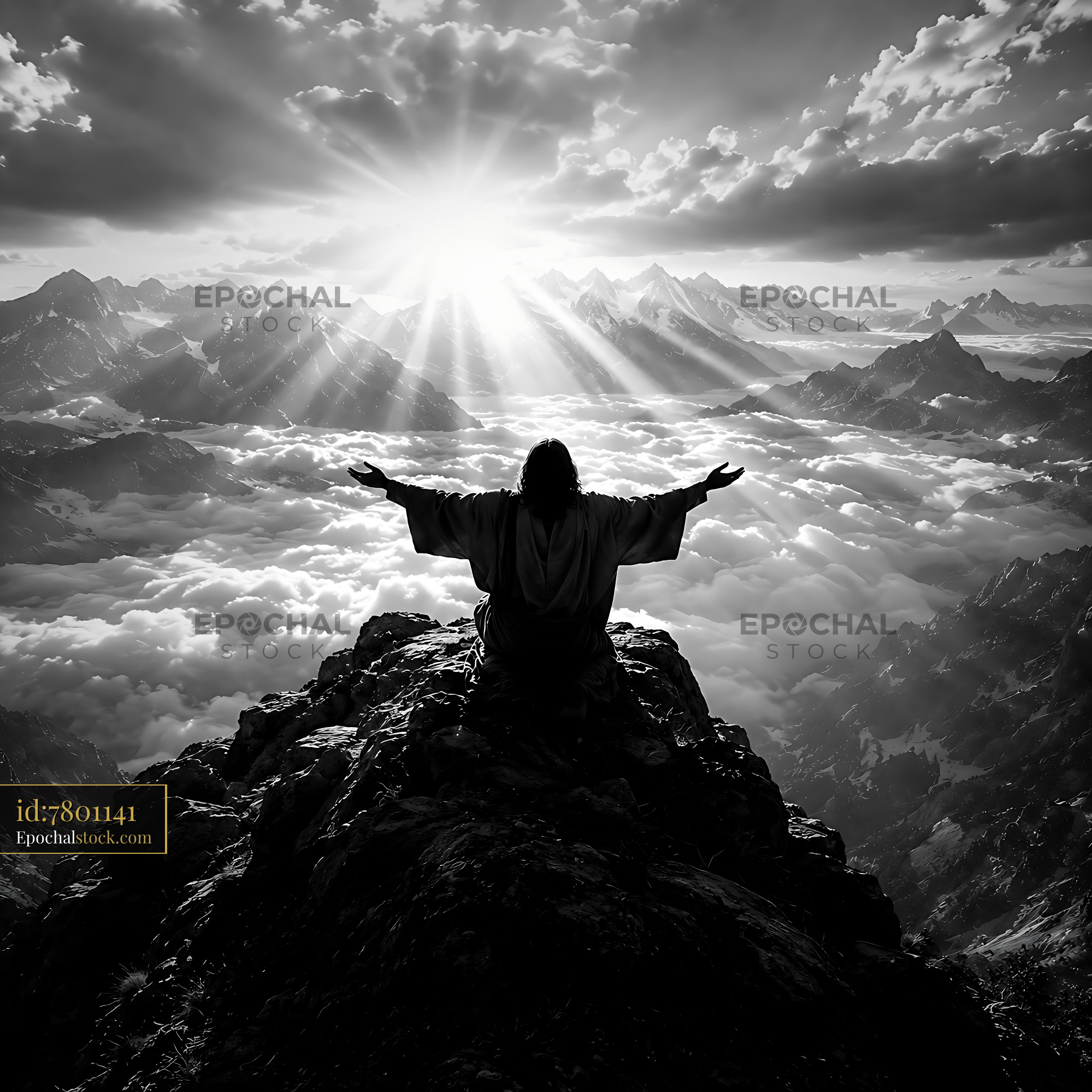 Watermarked full-resolution preview of Person standing on a mountain peak with arms raised