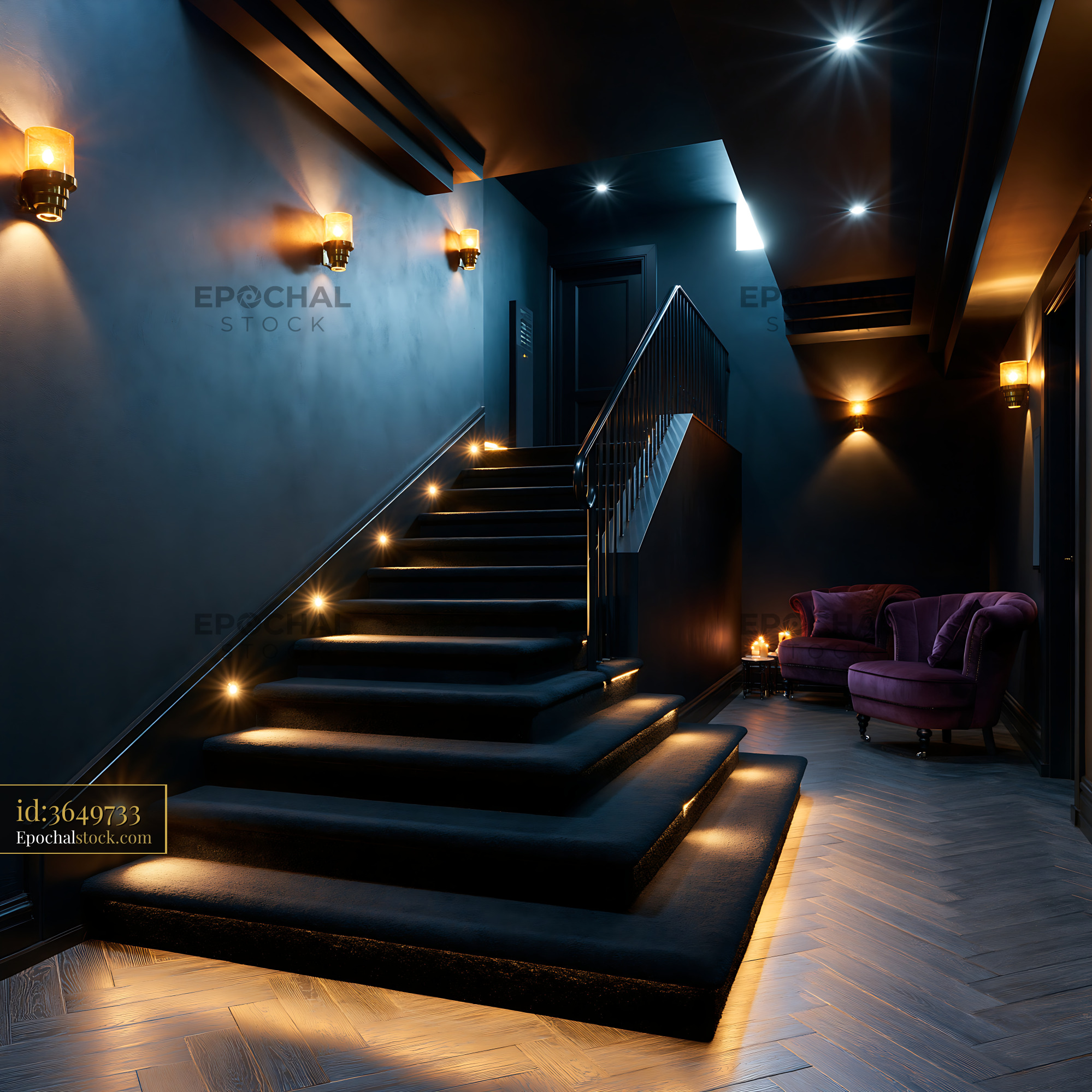 Watermarked full-resolution preview of Modern staircase with lighting in dark hallway