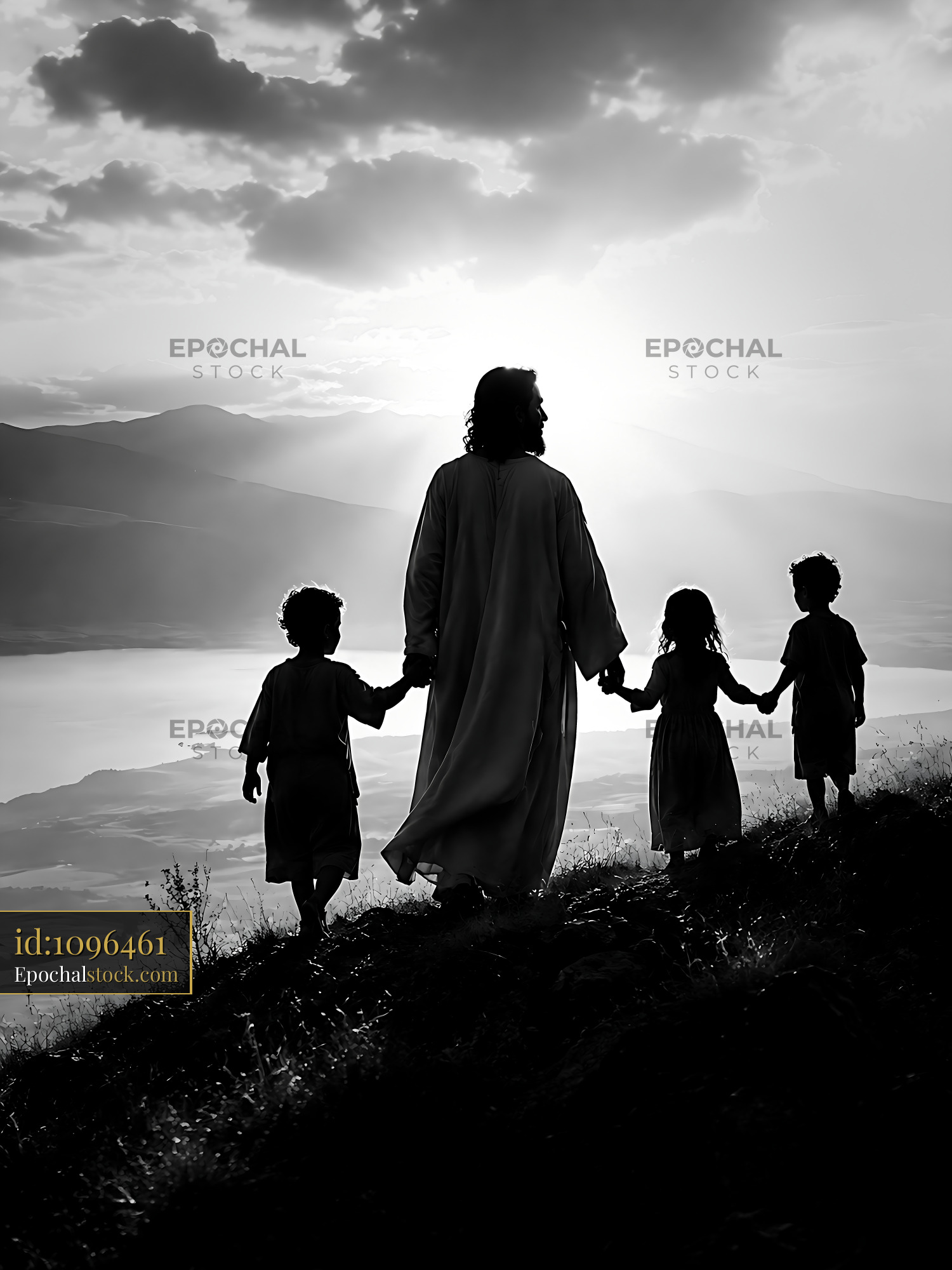 Jesus and Children Walking Together on a Hillside at Sunset - stock photo