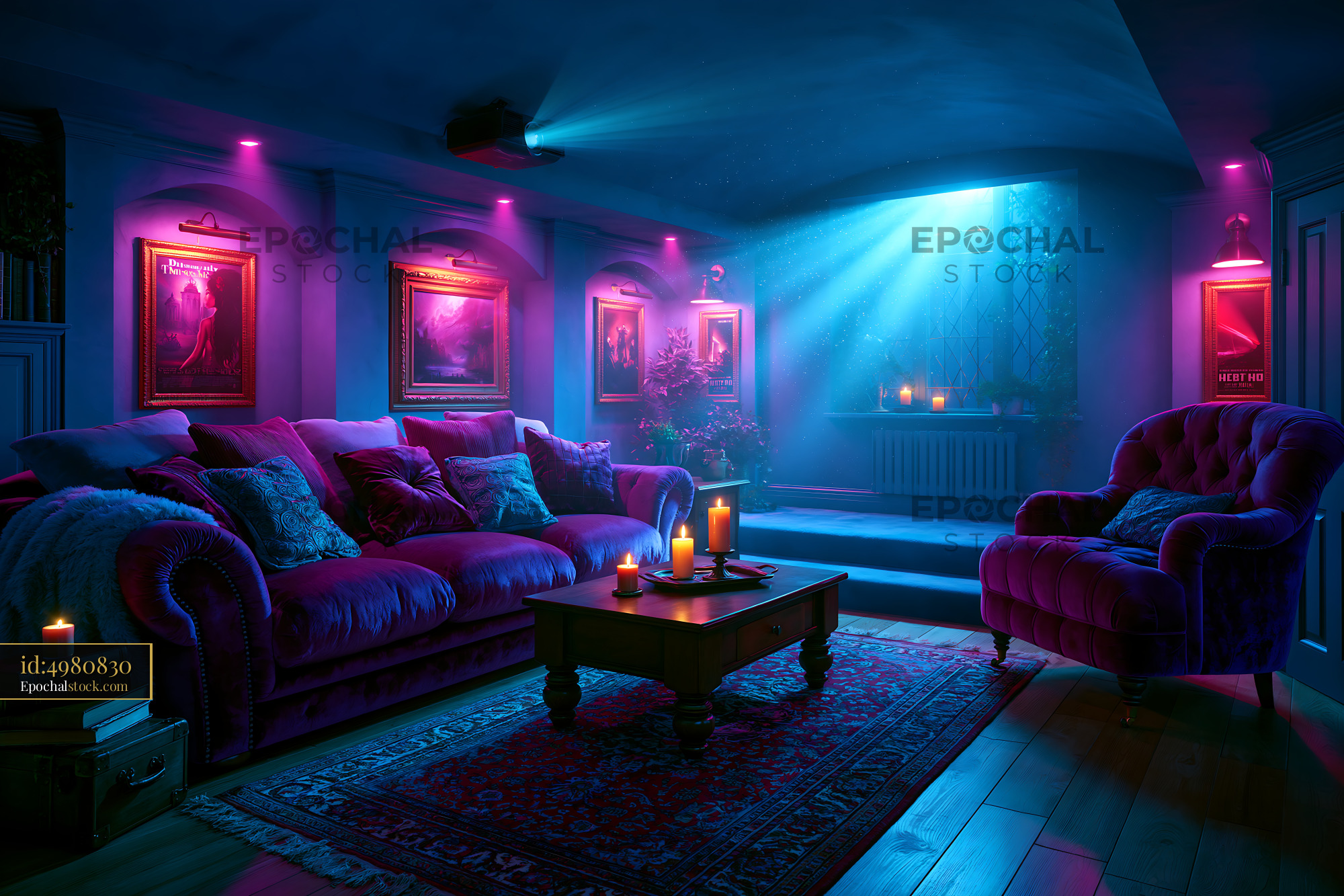 Watermarked full-resolution preview of Cozy living room with ambient lighting and artistic decor