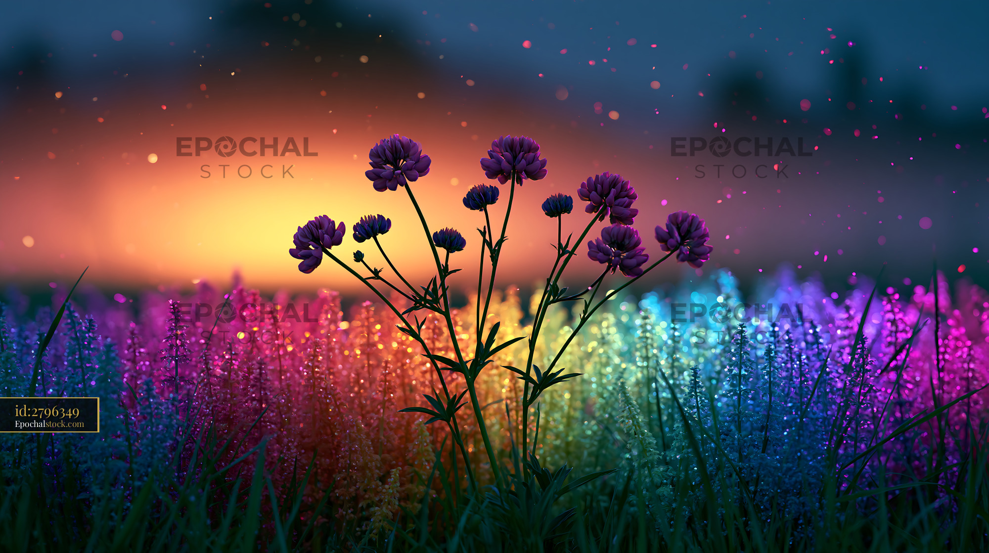 Watermarked full-resolution preview of Colorful flowers with glowing background at sunset