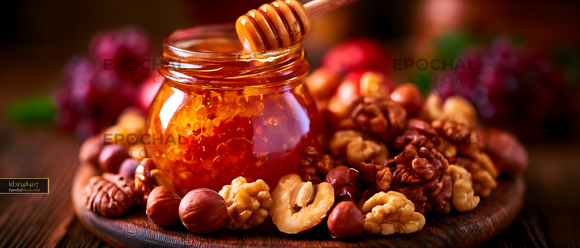 Watermarked full-resolution preview of Honey jar, dipper, and assorted nuts on wooden table