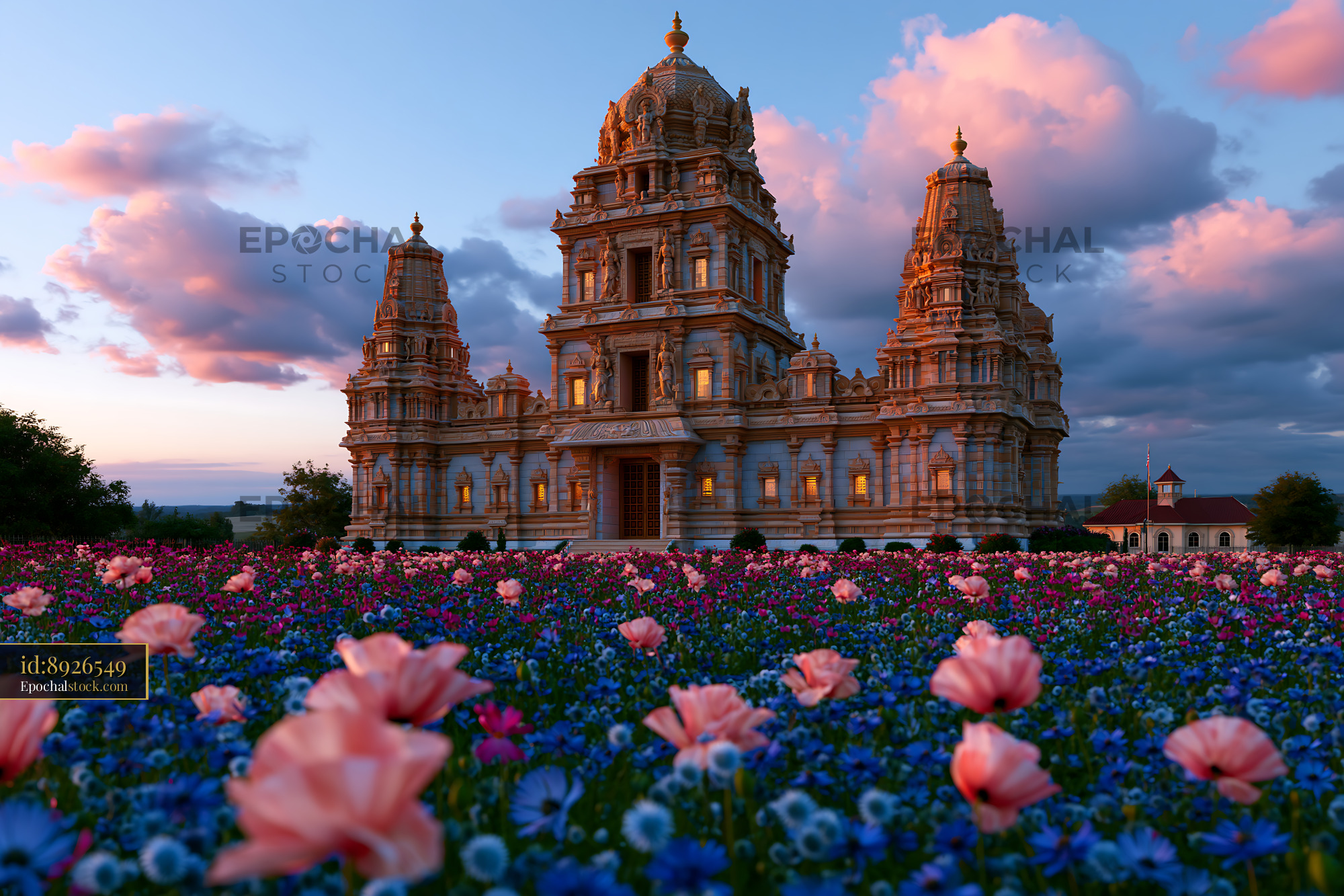 Watermarked full-resolution preview of Flower field with temple at sunset in vibrant sky