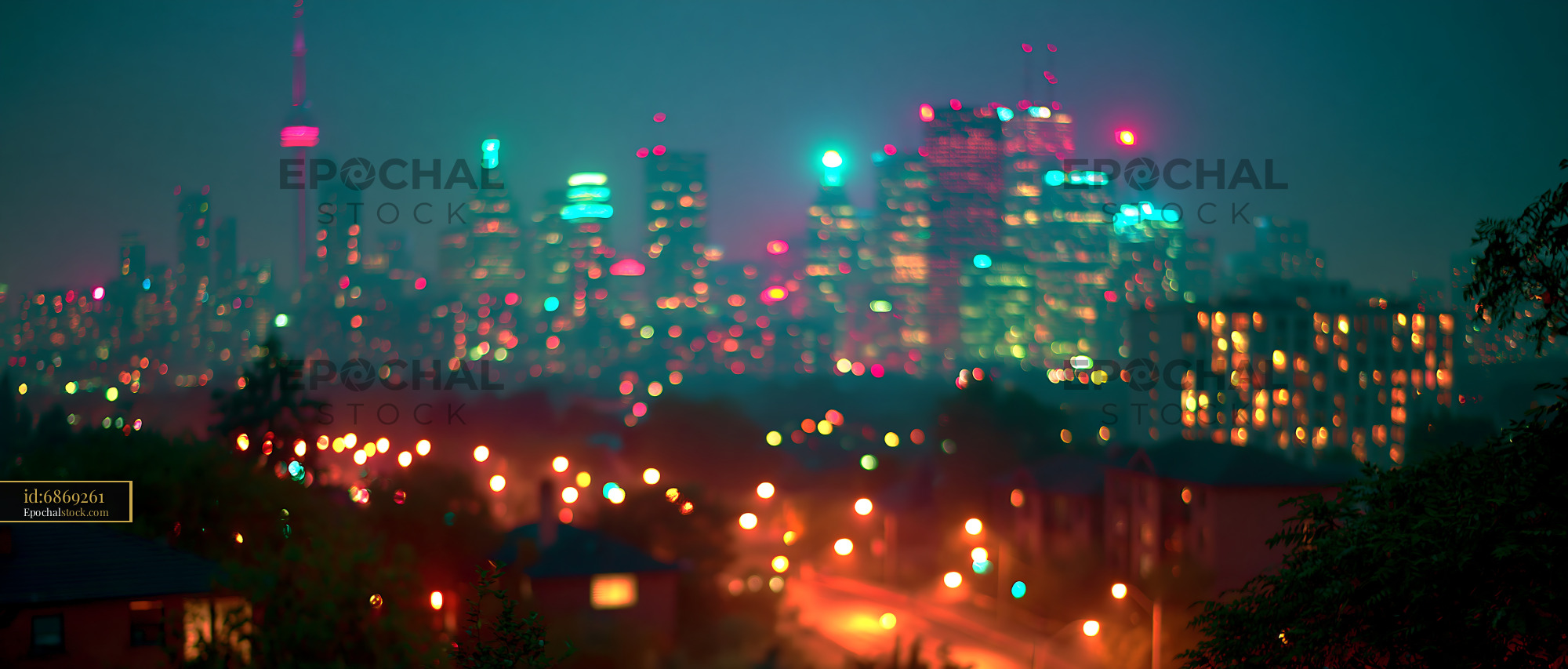 Watermarked full-resolution preview of City skyline at night with colorful lights and soft focus