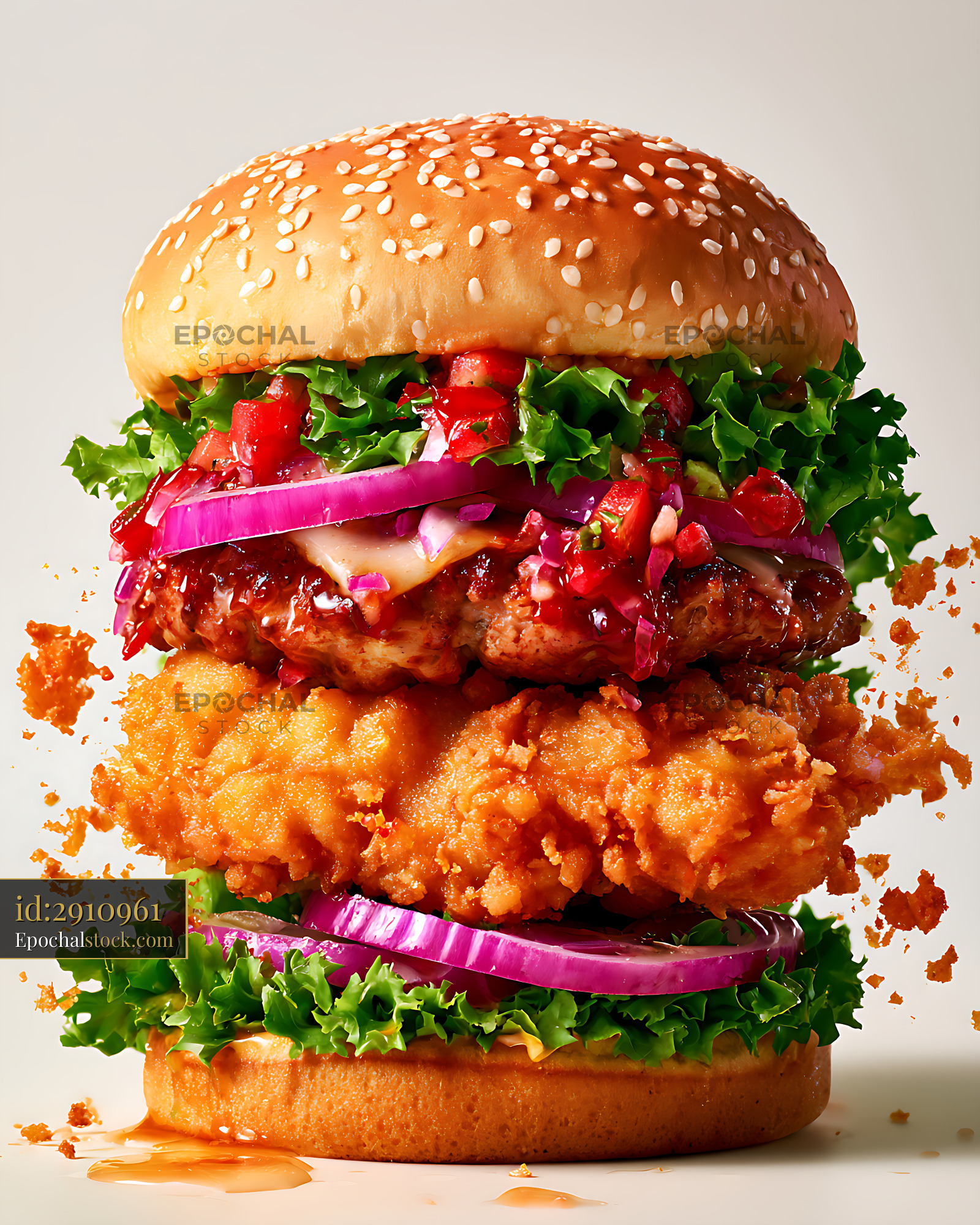 Watermarked full-resolution preview of Close-up loaded crispy chicken burger with fresh toppings